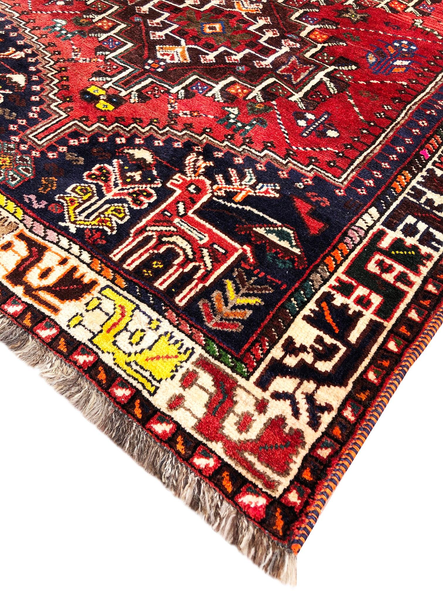 Vintage Persian Hand Knotted Red Tribal Flower Animal Motif Medallion Shiraz Rug For Sale 3