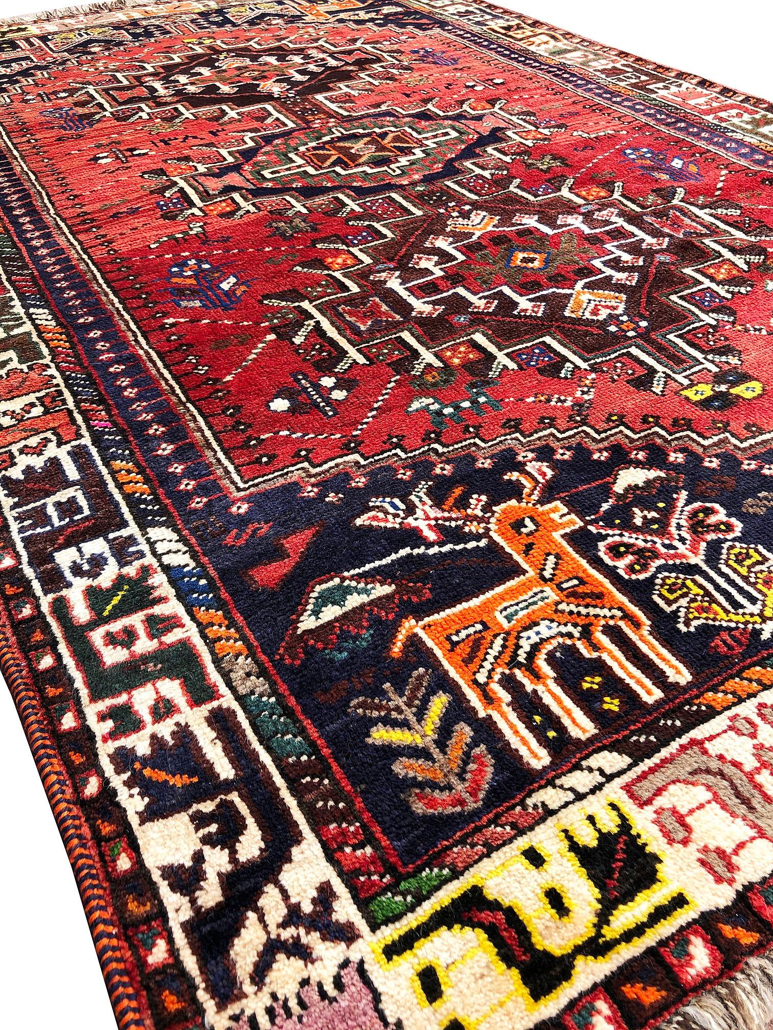 Vintage Persian Hand Knotted Red Tribal Flower Animal Motif Medallion Shiraz Rug For Sale 4