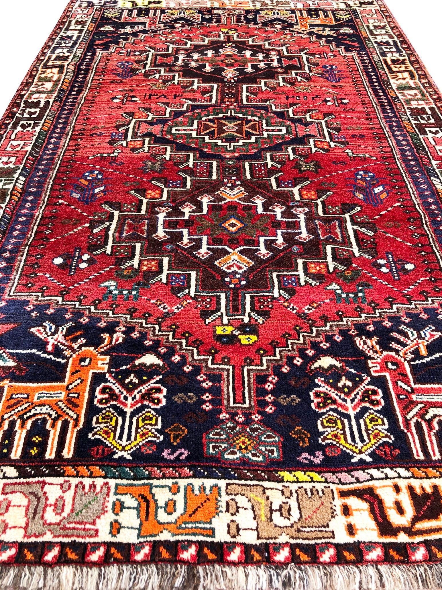 Vintage Persian Hand Knotted Red Tribal Flower Animal Motif Medallion Shiraz Rug For Sale 6