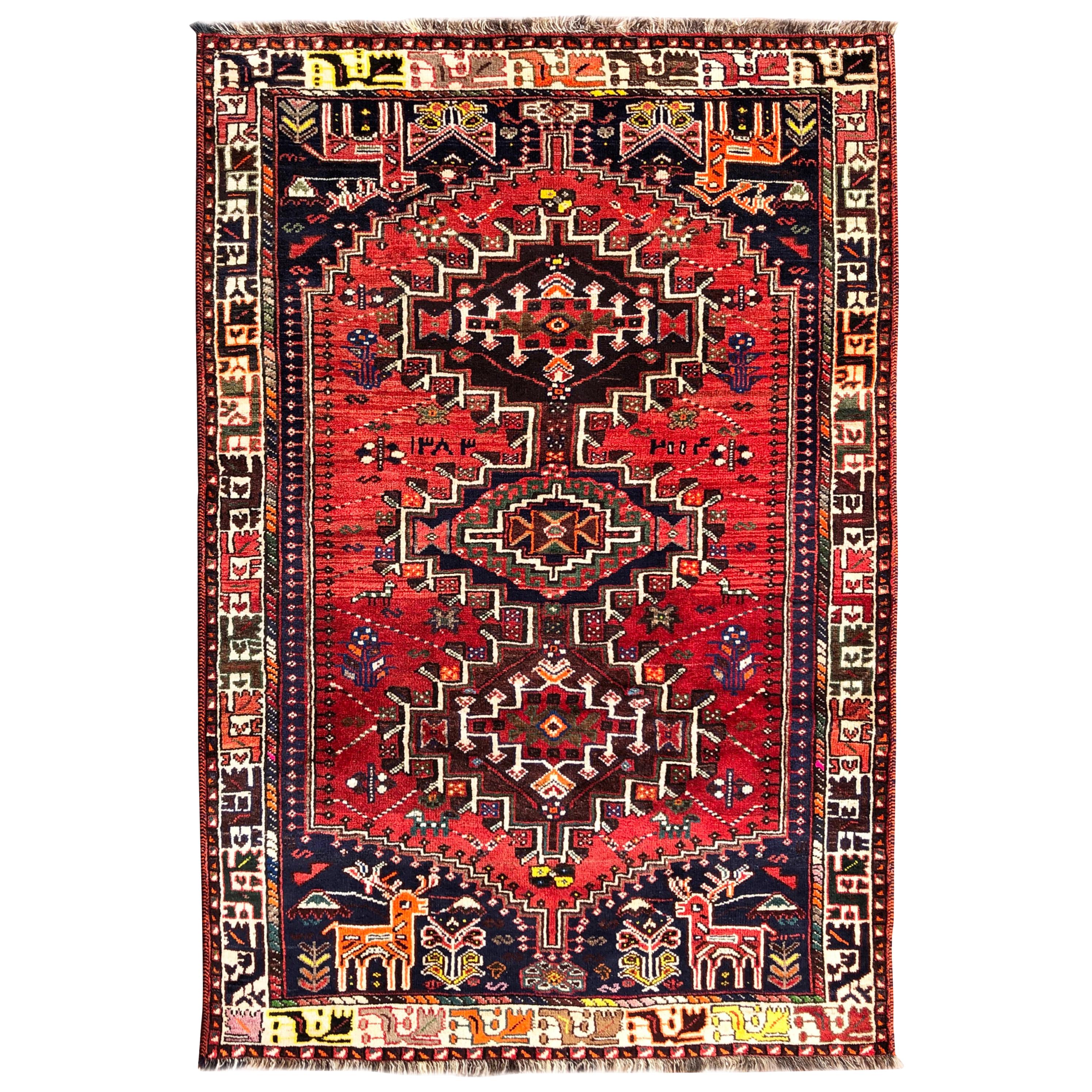 Vintage Persian Hand Knotted Red Tribal Flower Animal Motif Medallion Shiraz Rug For Sale