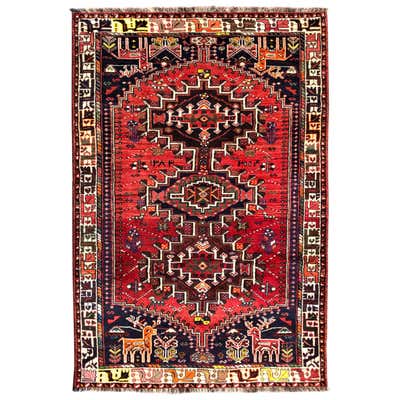 Persian Hand Knotted Tribal Bird Motif Red Ghashghai Rug at 1stDibs ...