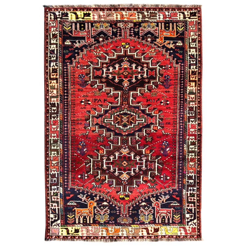 Persian Hand Knotted Tribal Bird Motif Red Ghashghai Rug at 1stDibs ...