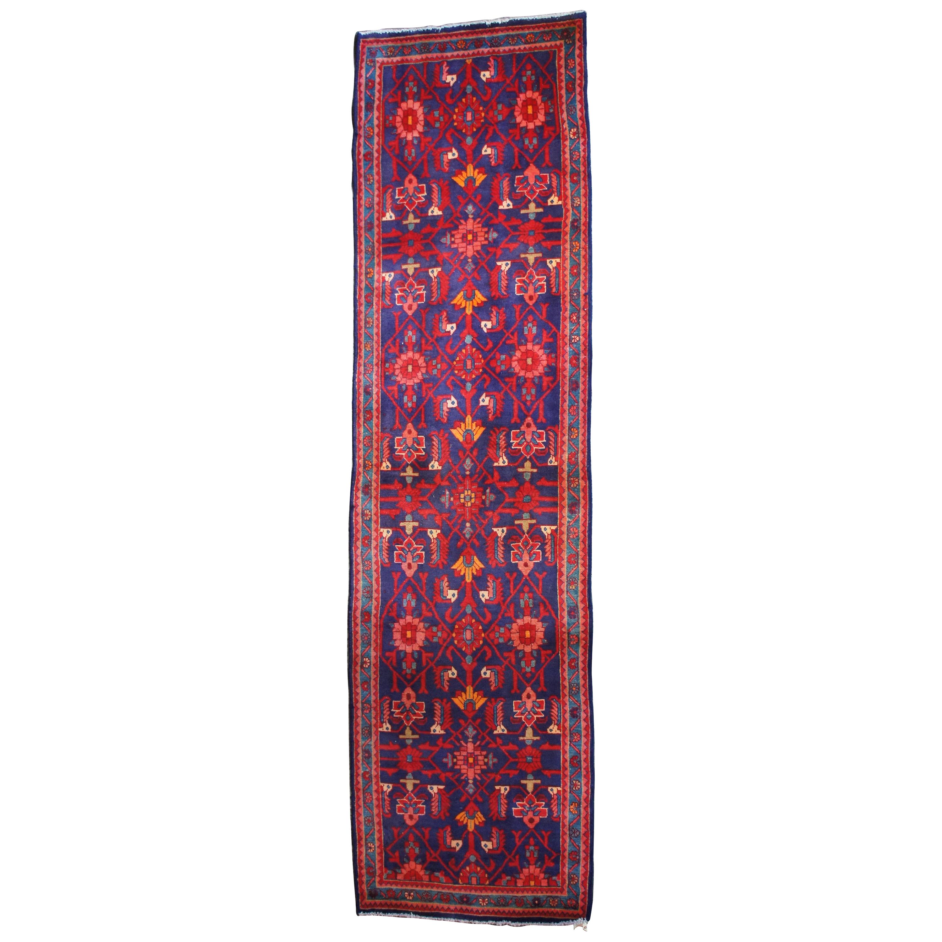 Vintage Persian Hand Knotted Saveh Geometric Wool Rug Runner Carpet Mat