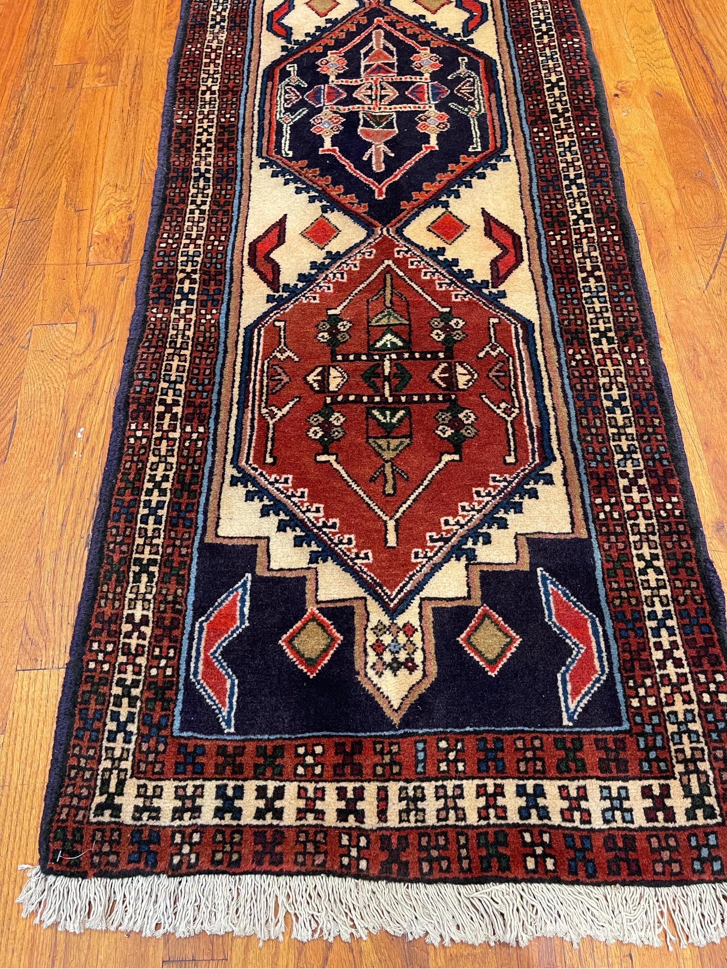 This runner is knotted in the province of Azarbayjan in north-west of Iran. This city is perhaps as ancient rug weaving tradition as is the entire rug history. The design in this piece is geometric with repeated medallion and tribal motifs inspired
