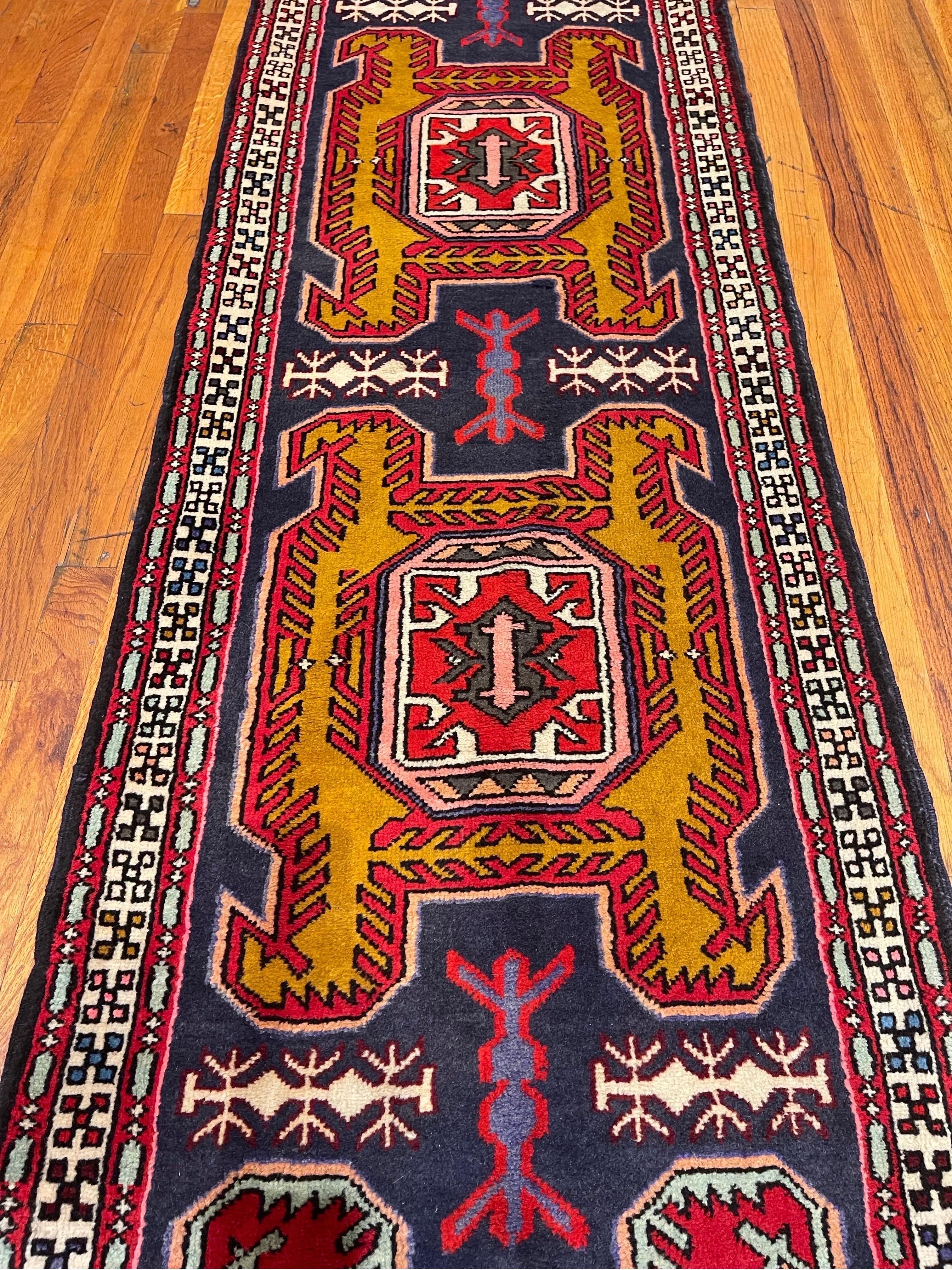 Adam Style Vintage Persian Hand Knotted Tribal Ardabil 1960 Circa Rug Runner For Sale