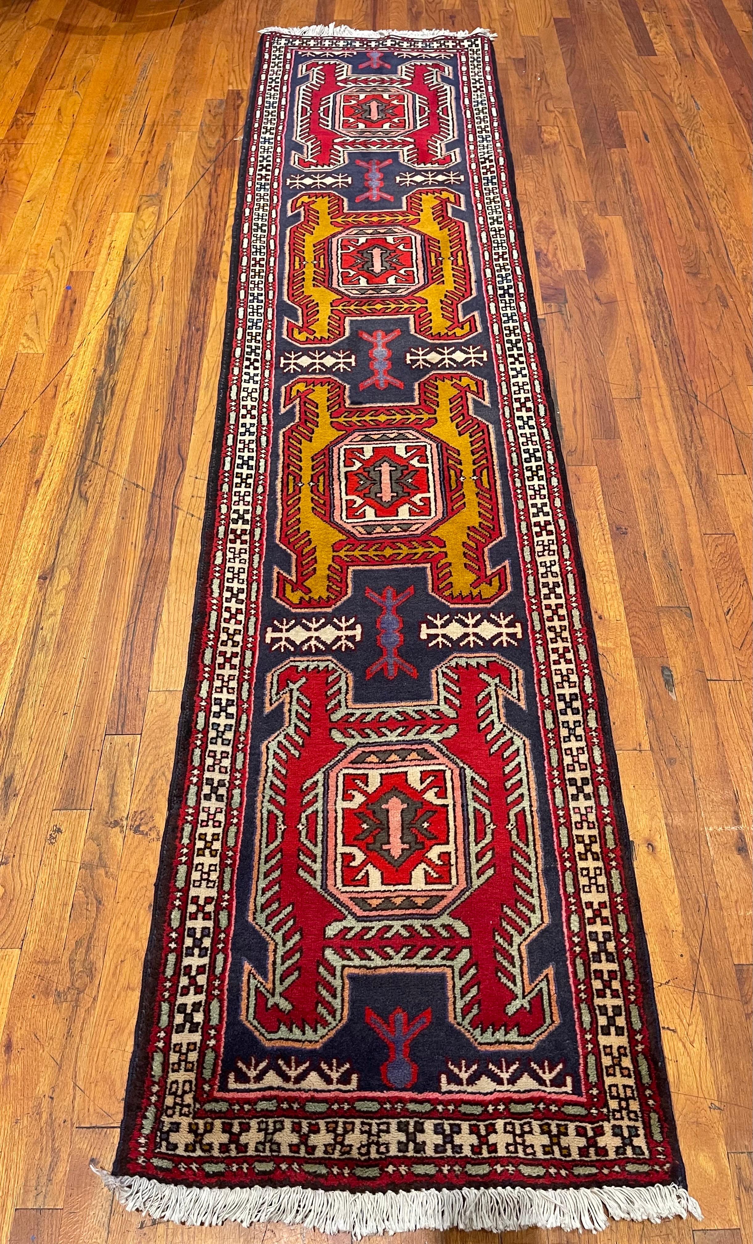 Vintage Persian Hand Knotted Tribal Ardabil 1960 Circa Rug Runner In Good Condition For Sale In San Diego, CA