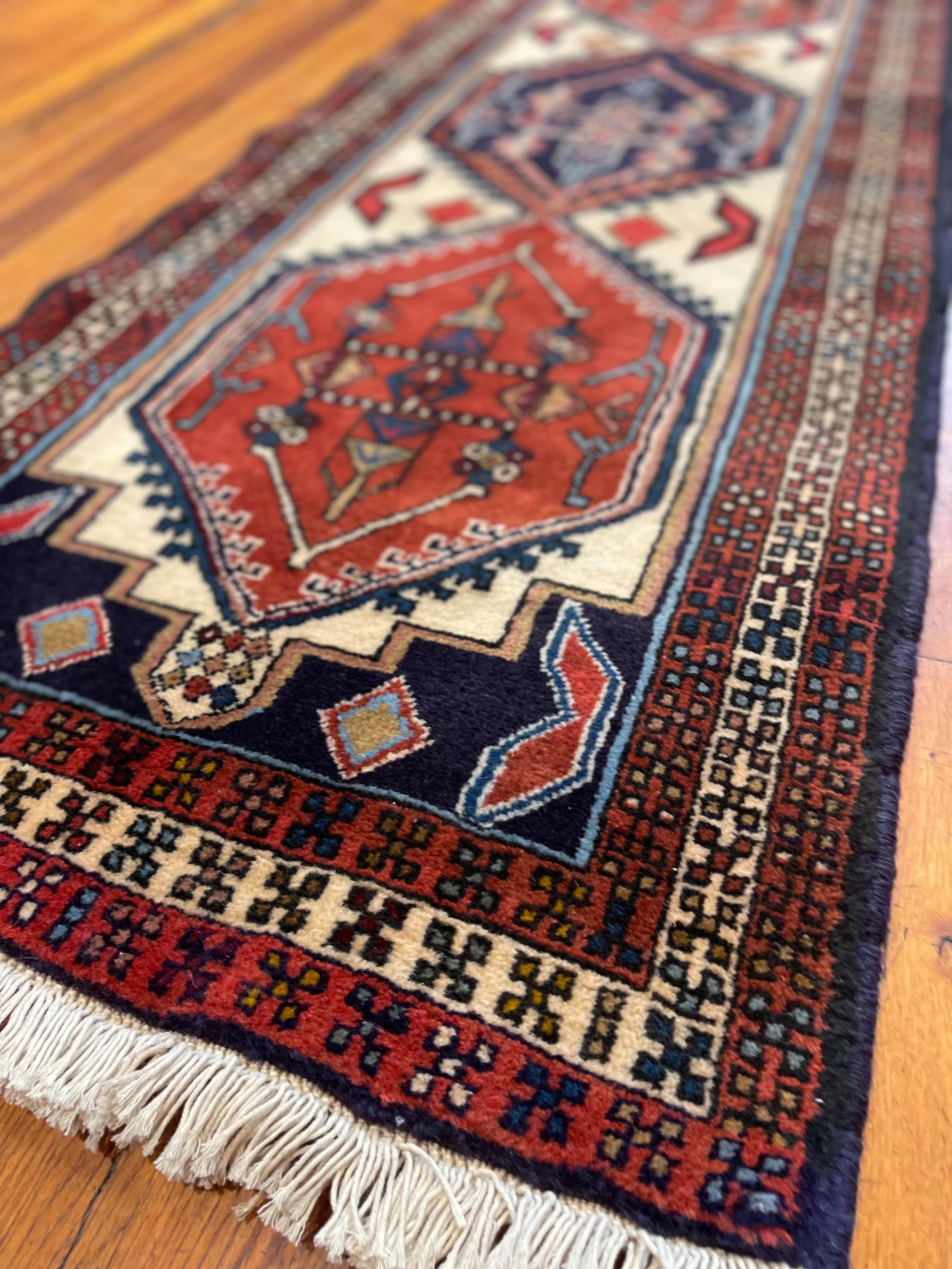 Wool Vintage Persian Hand Knotted Tribal Ardabil 1960 Circa Rug Runner For Sale
