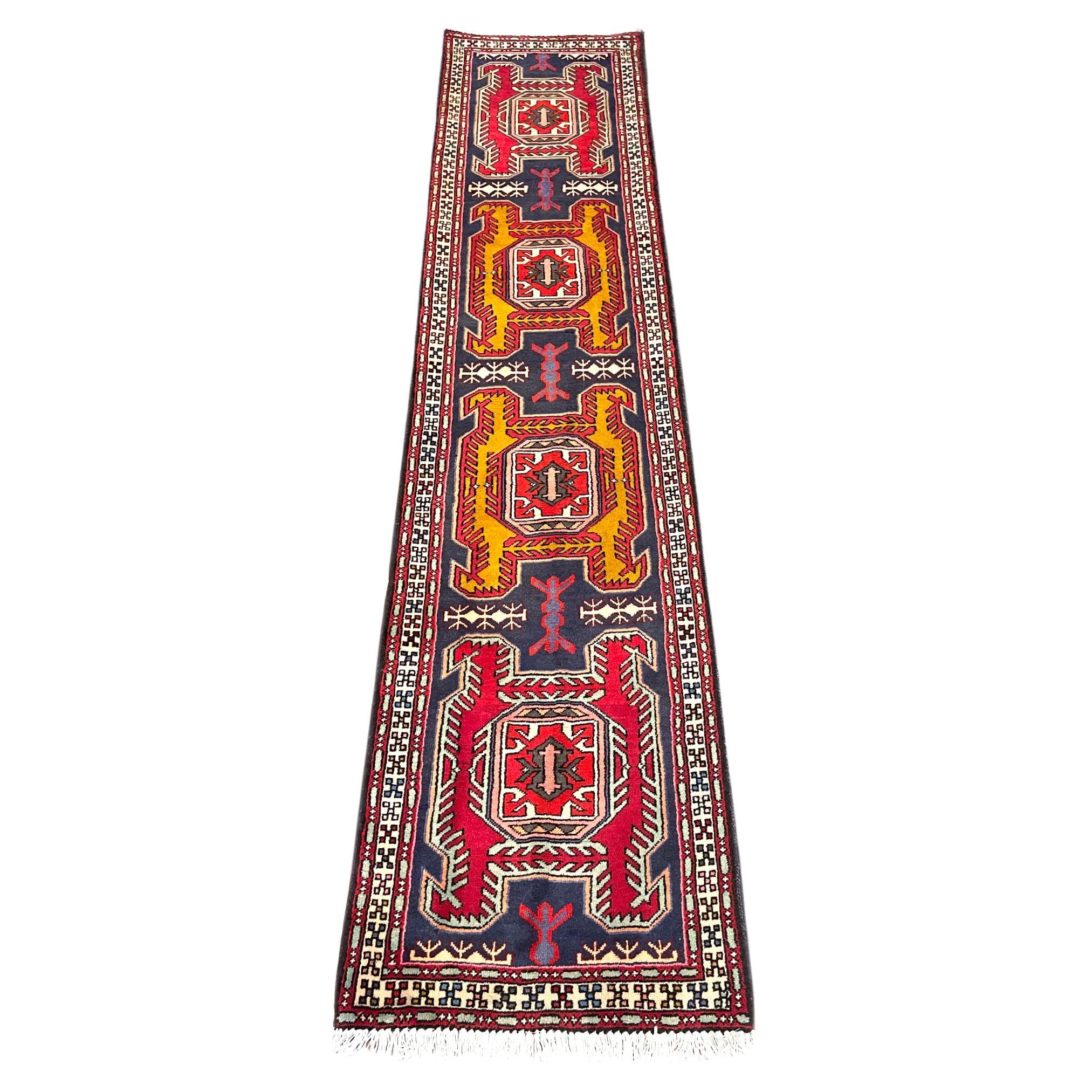 Vintage Persian Hand Knotted Tribal Ardabil 1960 Circa Rug Runner For Sale