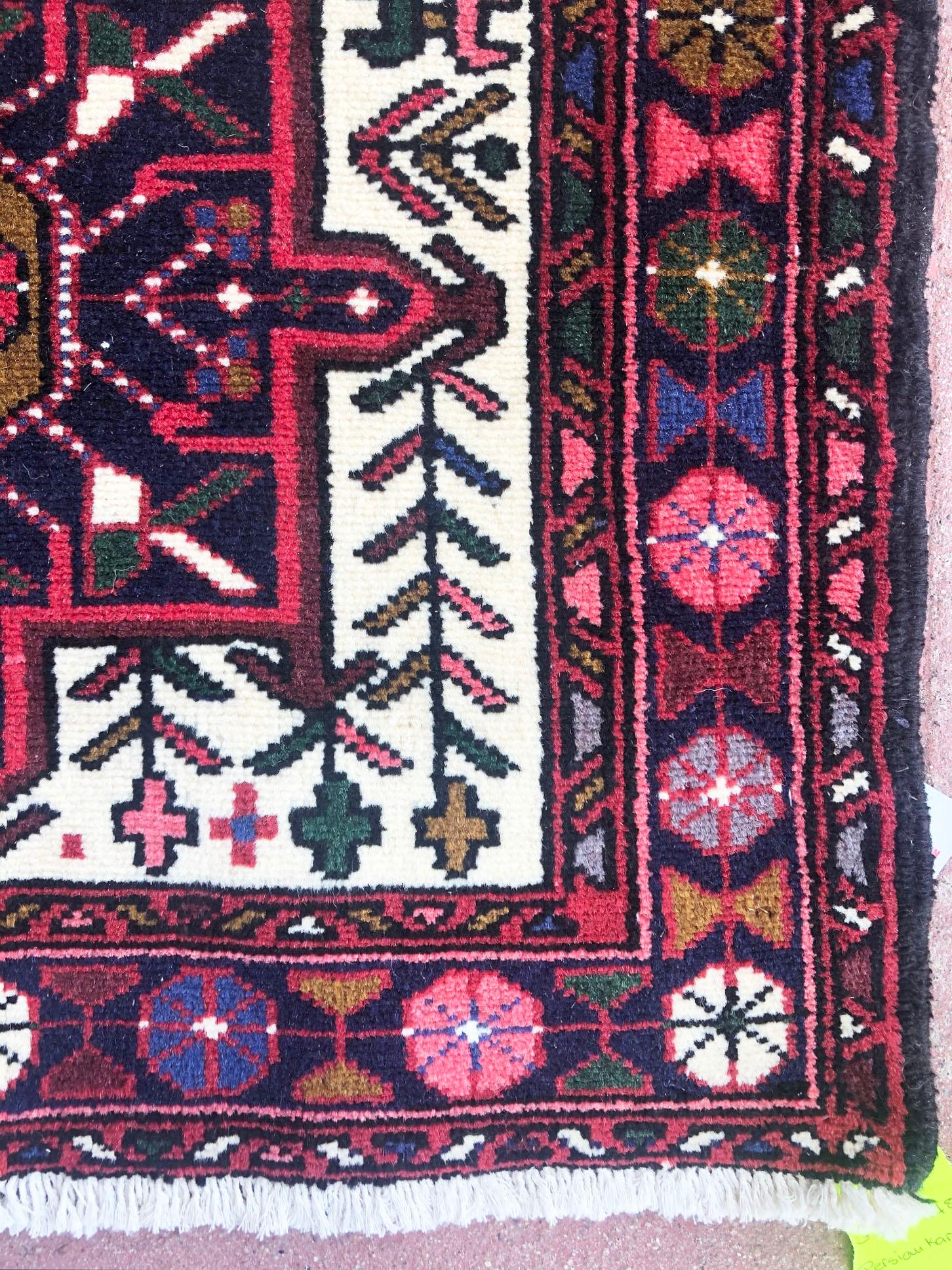 Wool Vintage Persian Hand Knotted Tribal Geometric Cream Dark Blue Karajeh Runner Rug