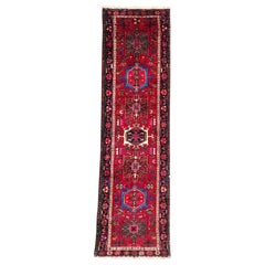 Vintage Persian Hand Knotted Tribal Geometric Red Karajeh Runner, circa 1960