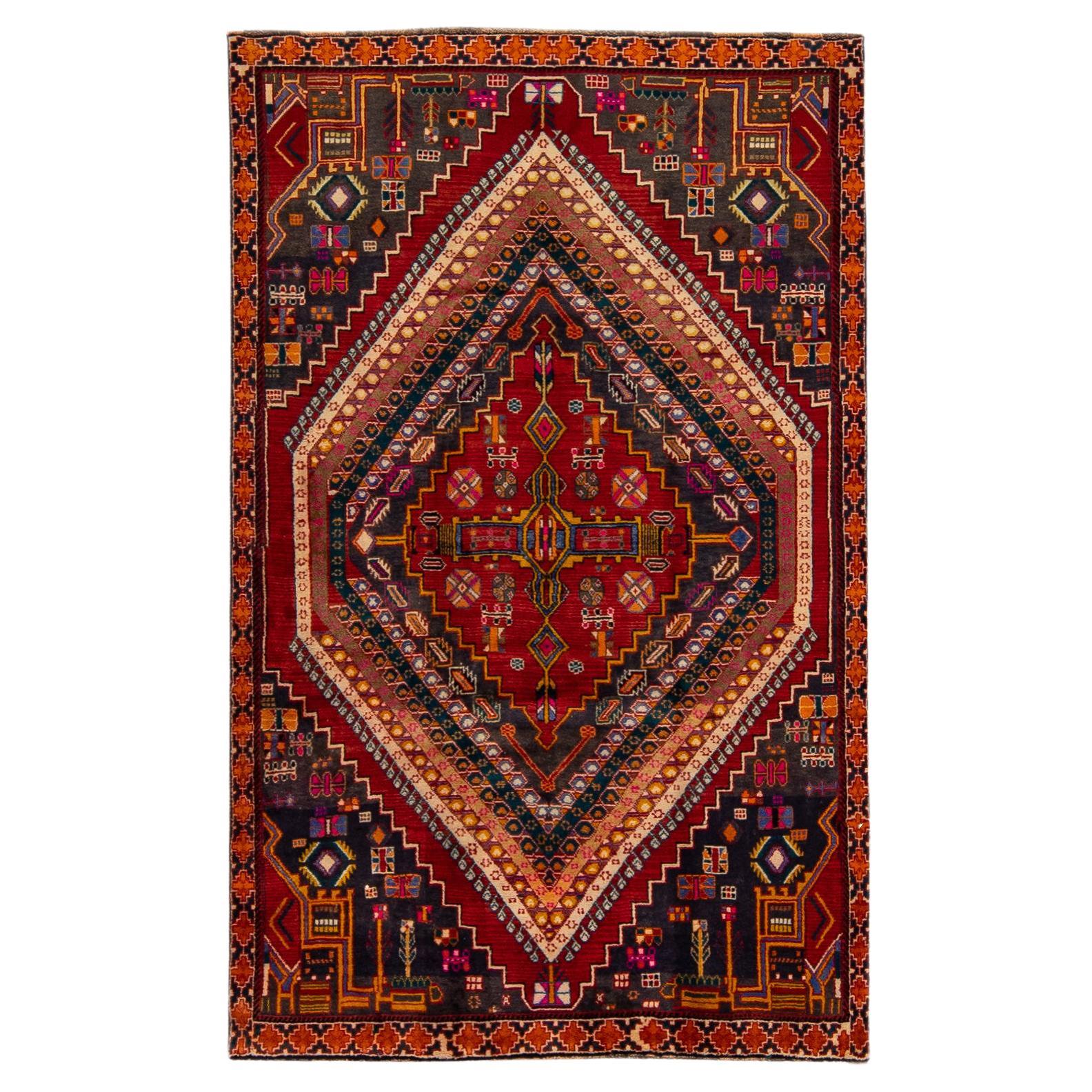 Tapis persan vintage en laine rouge à médaillons, fait à la main, entièrement recouvert de laine