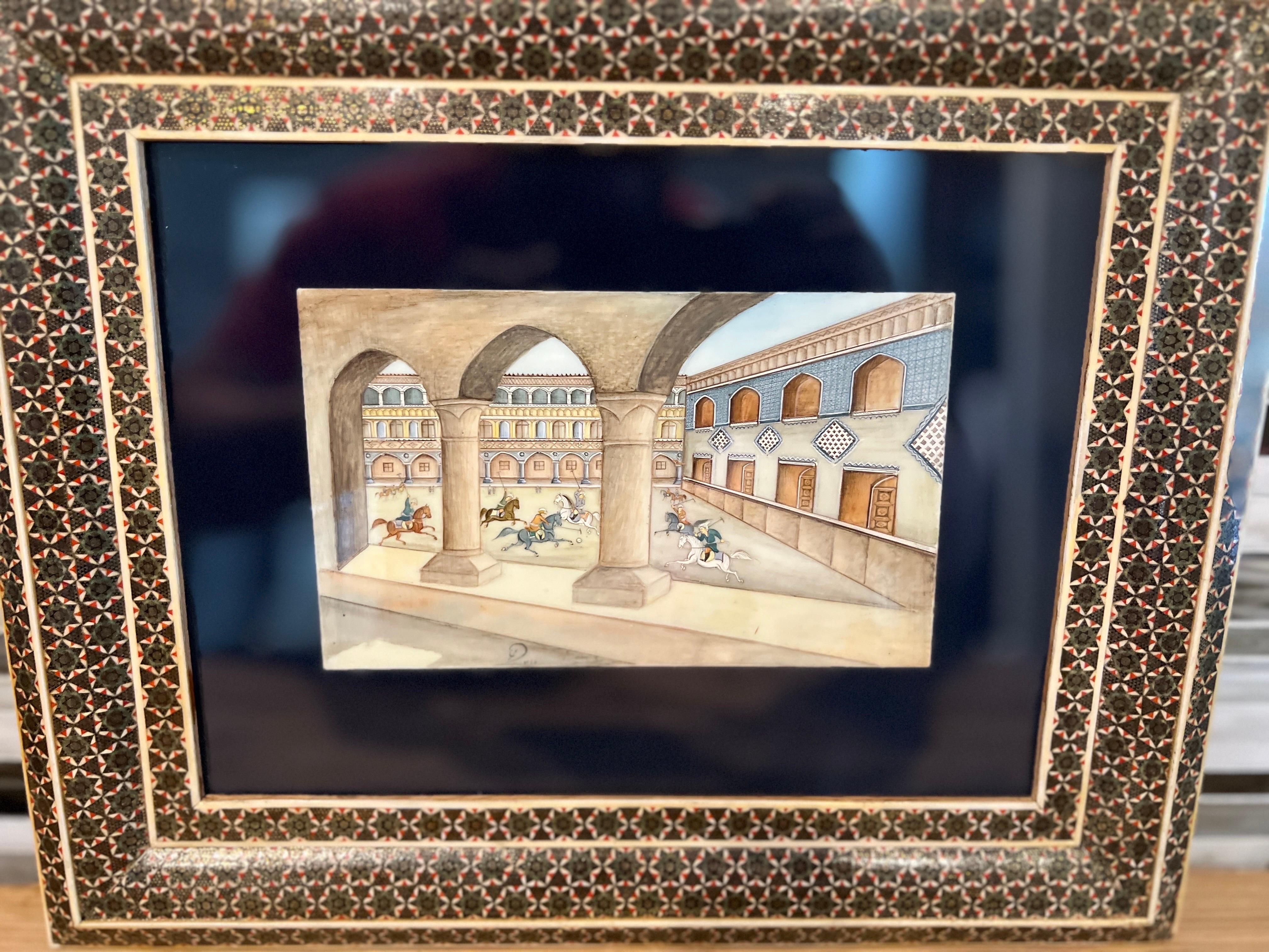 Vintage Persian Handmade Khatam Frame w/ Chovgan Game Painting  In Good Condition For Sale In Atlanta, GA