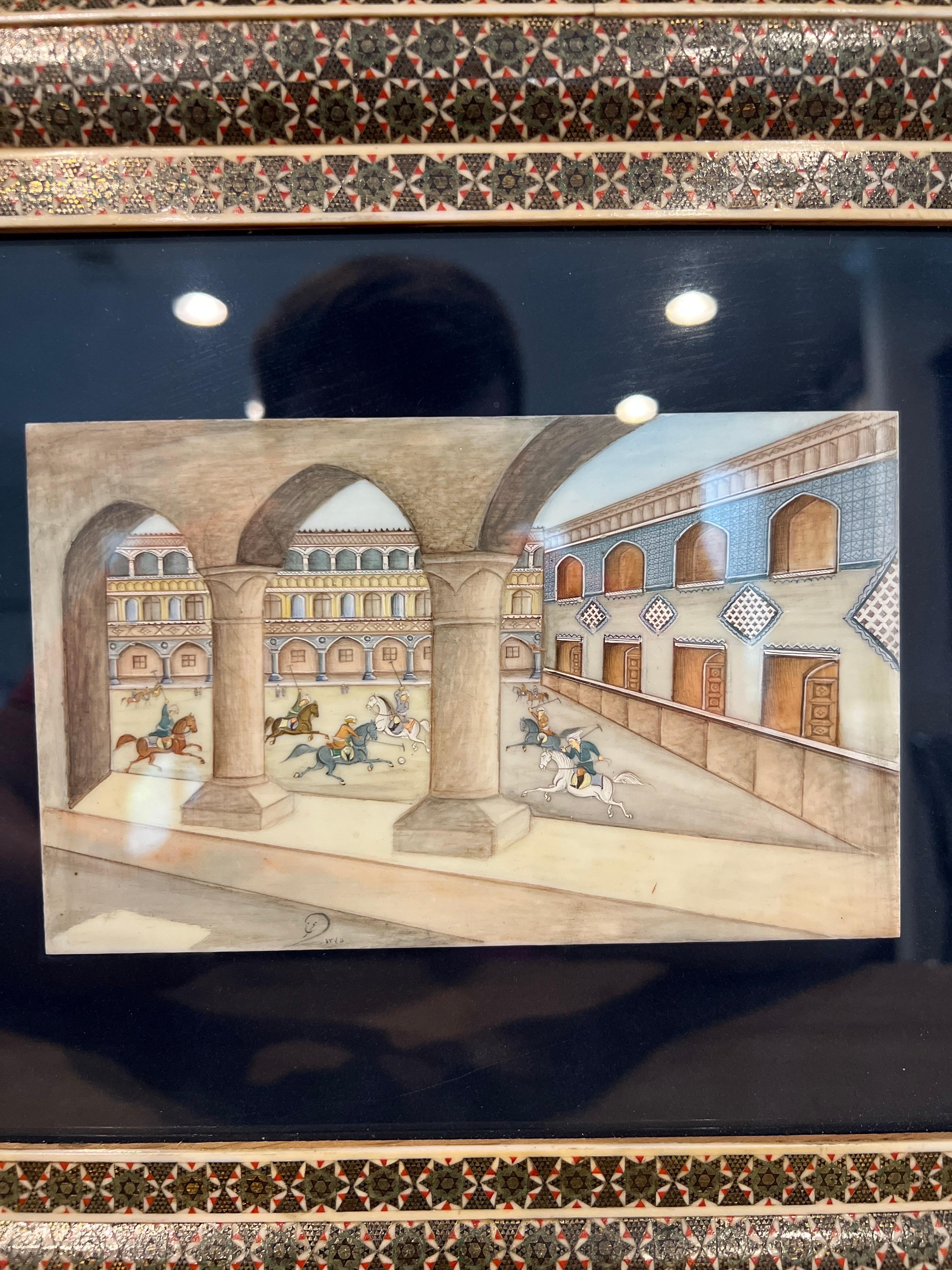 20th Century Vintage Persian Handmade Khatam Frame w/ Chovgan Game Painting  For Sale