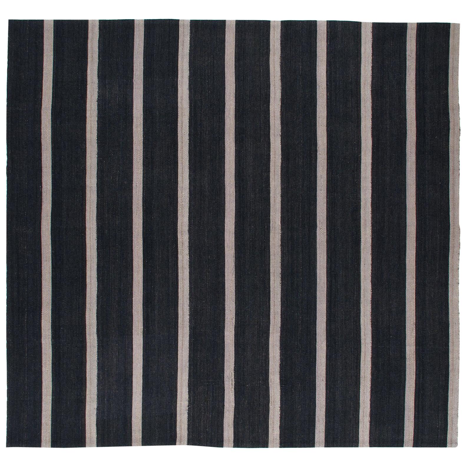 Vintage Persian Handwoven Flat-Weave Rug in Black and Beige Stripe For Sale