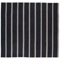 Vintage Persian Handwoven Flat-Weave Rug in Black and Beige Stripe