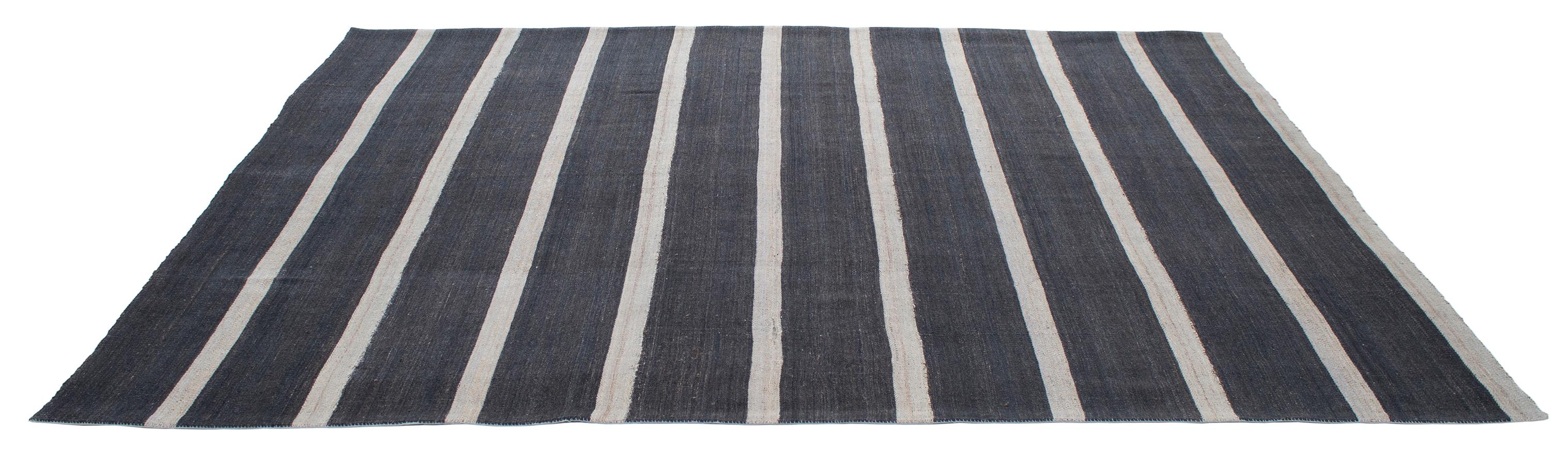Hand-Woven Vintage Persian Handwoven Flat-Weave Rug in Black and Beige Stripe For Sale