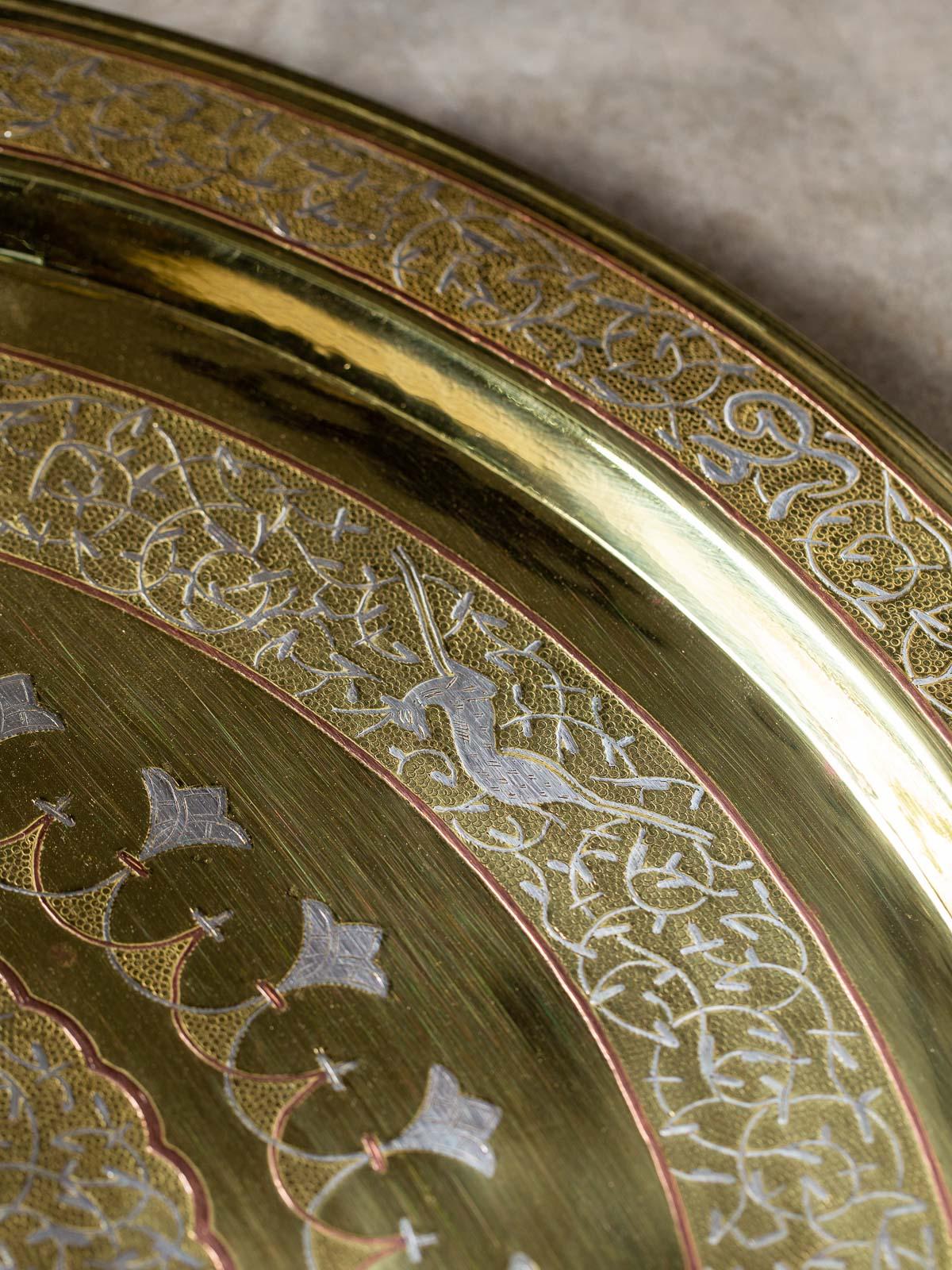 20th Century Vintage Persian Heavy Round Brass Tin Copper Mixed Metal Tray, circa 1940 For Sale