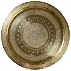 Vintage Persian Heavy Round Brass Tin Copper Mixed Metal Tray, circa 1940