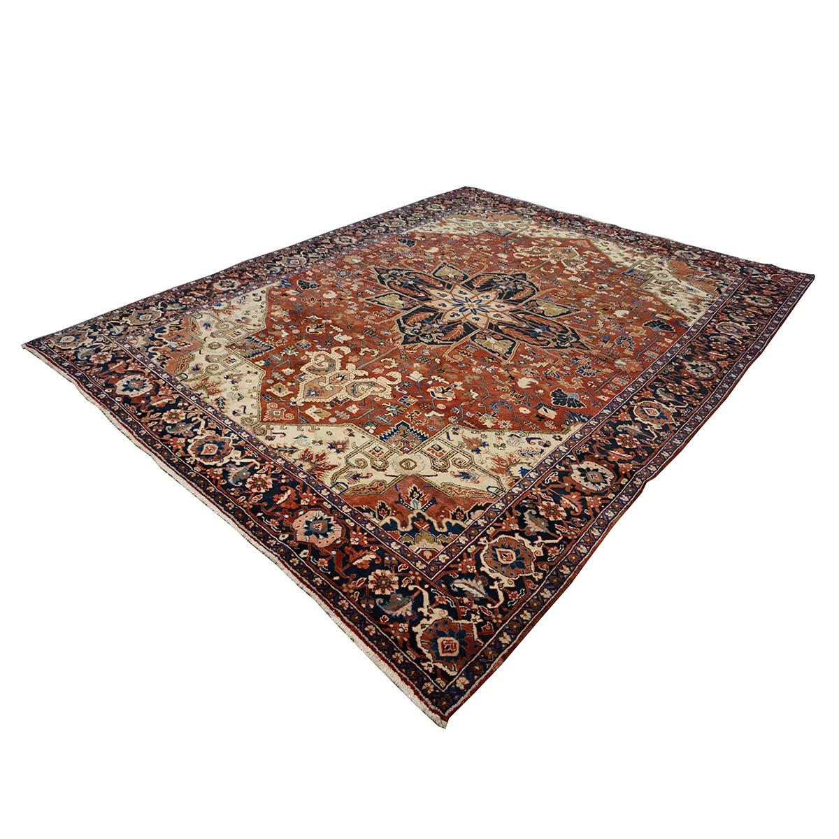 Persiano Tappeto vintage persiano Heriz 10x13 rosso, blu e avorio fatto a mano in vendita