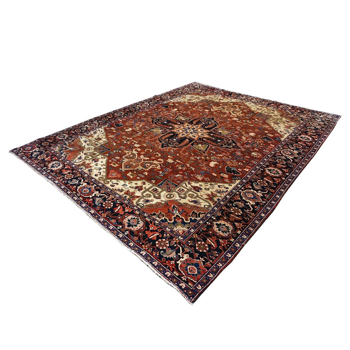 Persischer Heriz-Teppich in Rot, Marineblau und Elfenbein, handgefertigt, 10x13 (Wolle) im Angebot