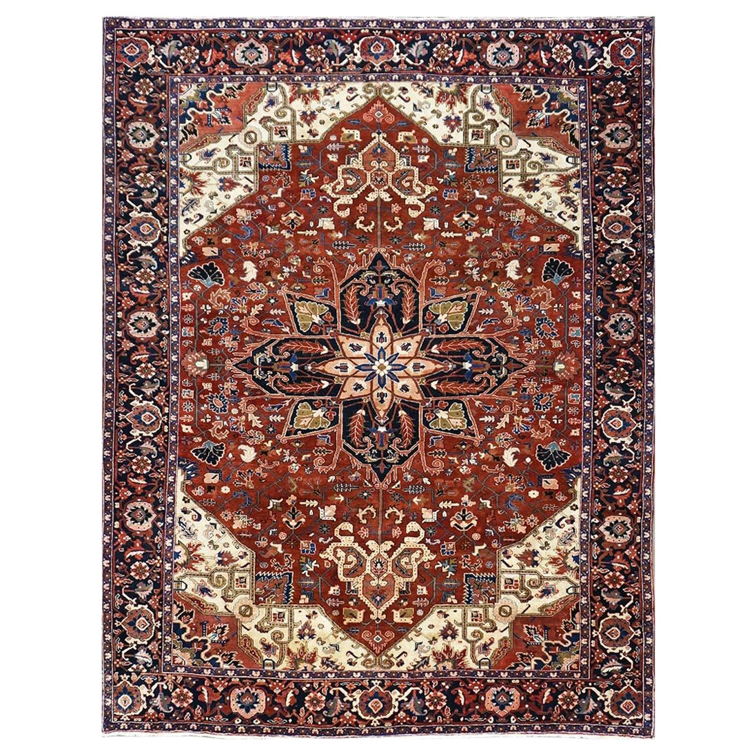 Tapis persan vintage Heriz 10x13 rouge, bleu marine et ivoire fait à la main