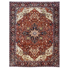 Persischer Heriz-Teppich in Rot, Marineblau und Elfenbein, handgefertigt, 10x13