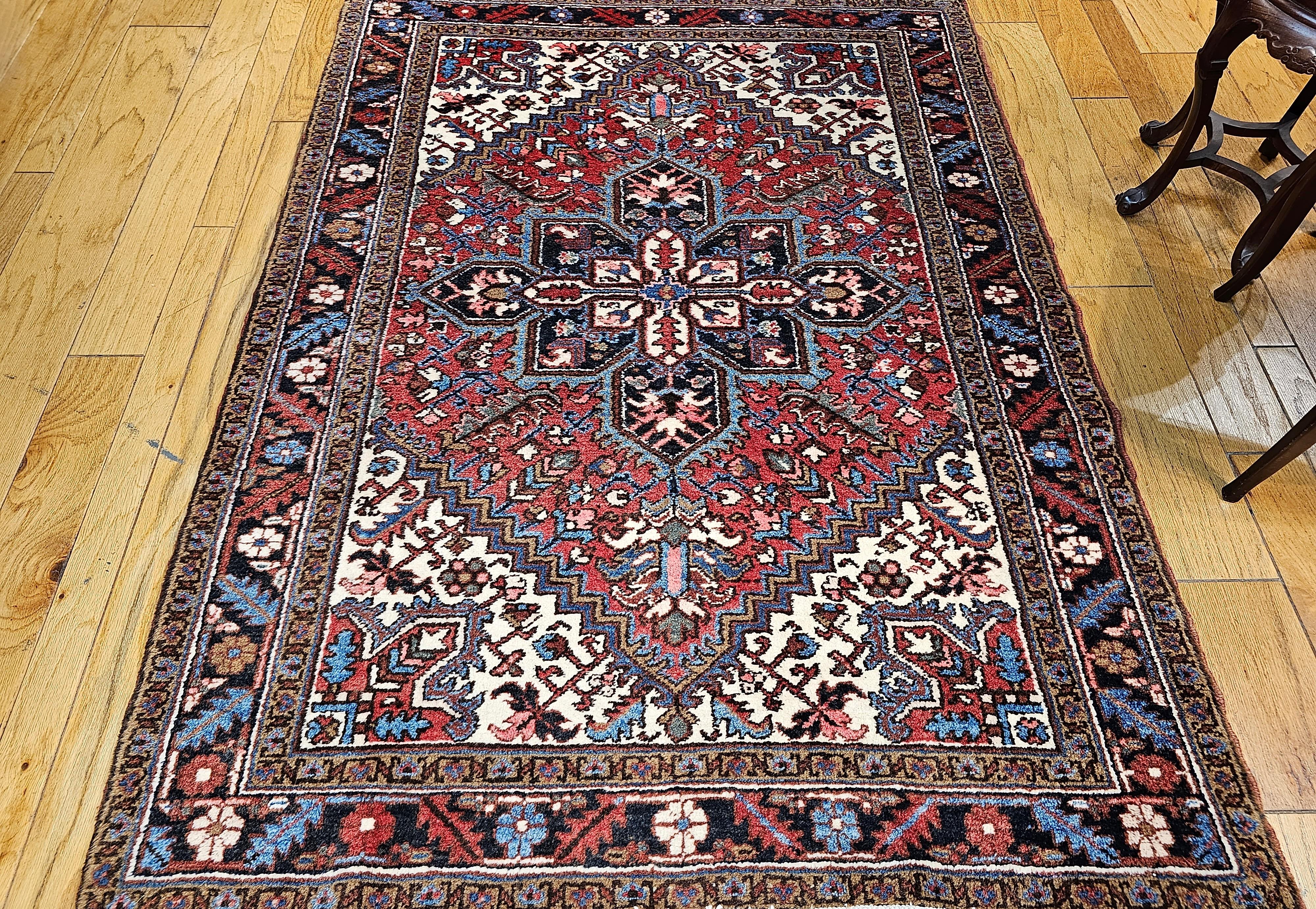 Vintage Persian Heriz in Red, Ivory, Navy, French Blue, Green, Brown For Sale 4