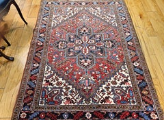 Vintage Persian Heriz Area Rug in Geometric Pattern in Red, Navy, Ivory, Green
