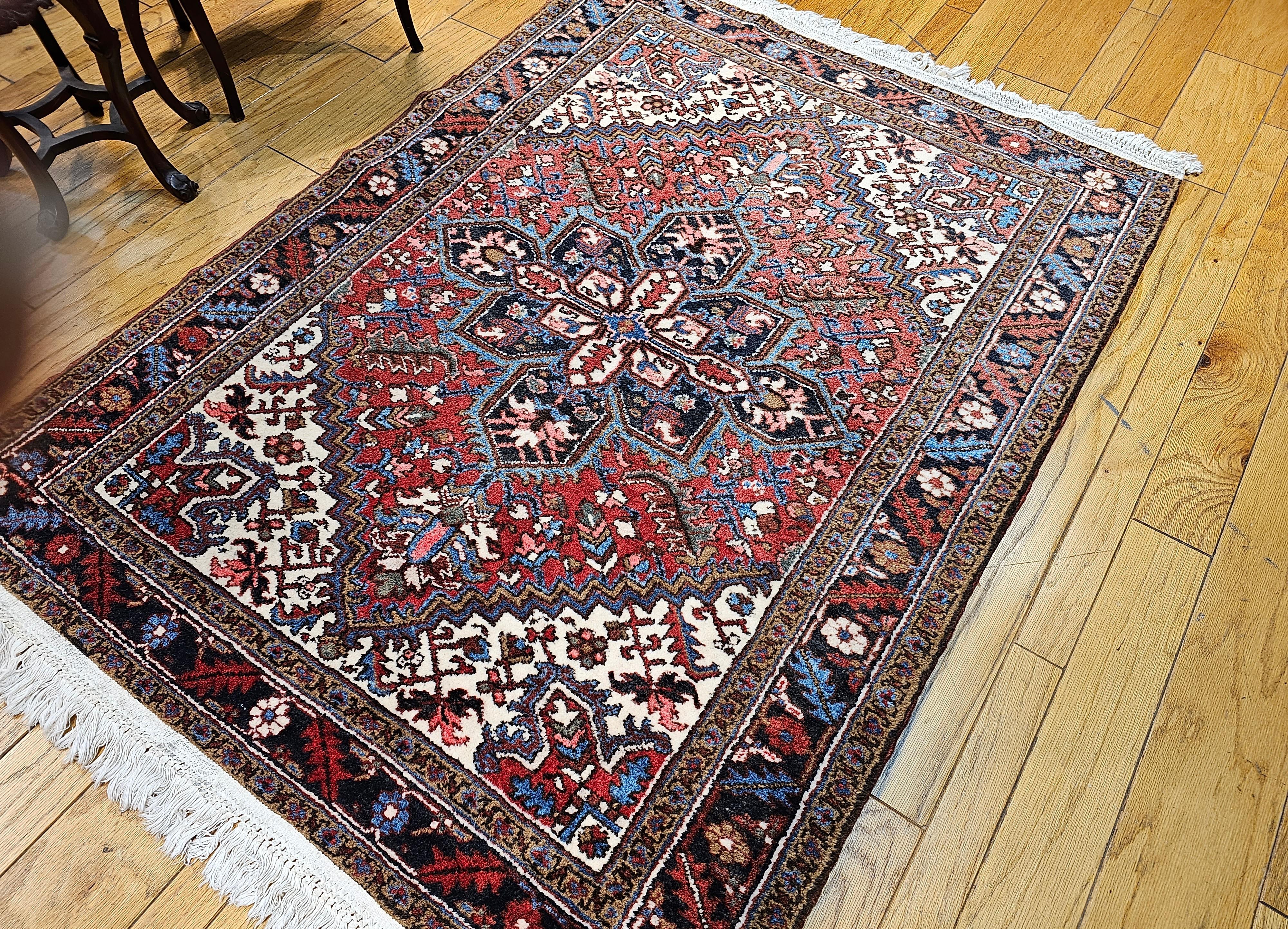 Vintage Persian Heriz in Red, Ivory, Navy, French Blue, Green, Brown For Sale 9