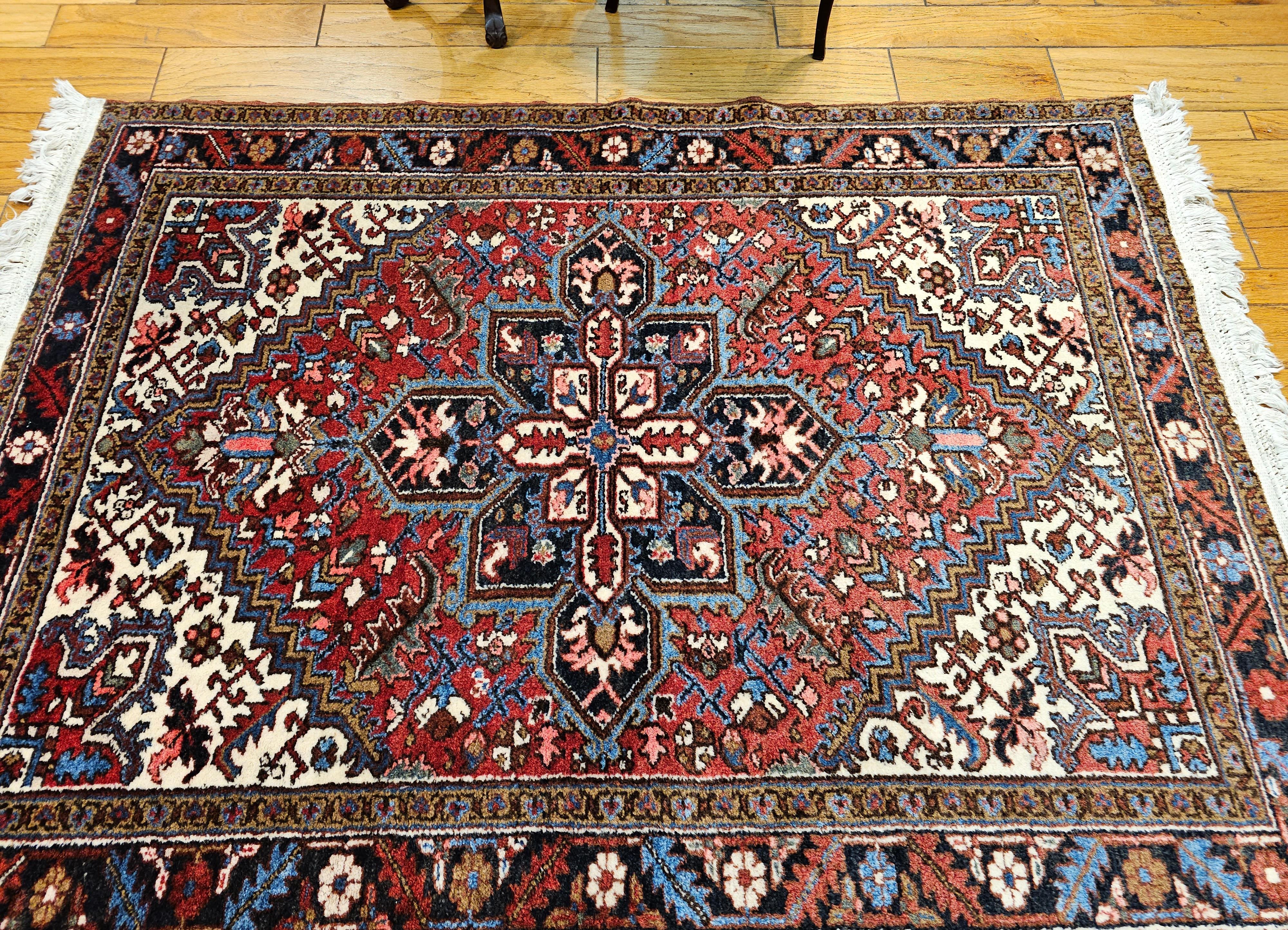 Vintage Persian Heriz in Red, Ivory, Navy, French Blue, Green, Brown For Sale 7