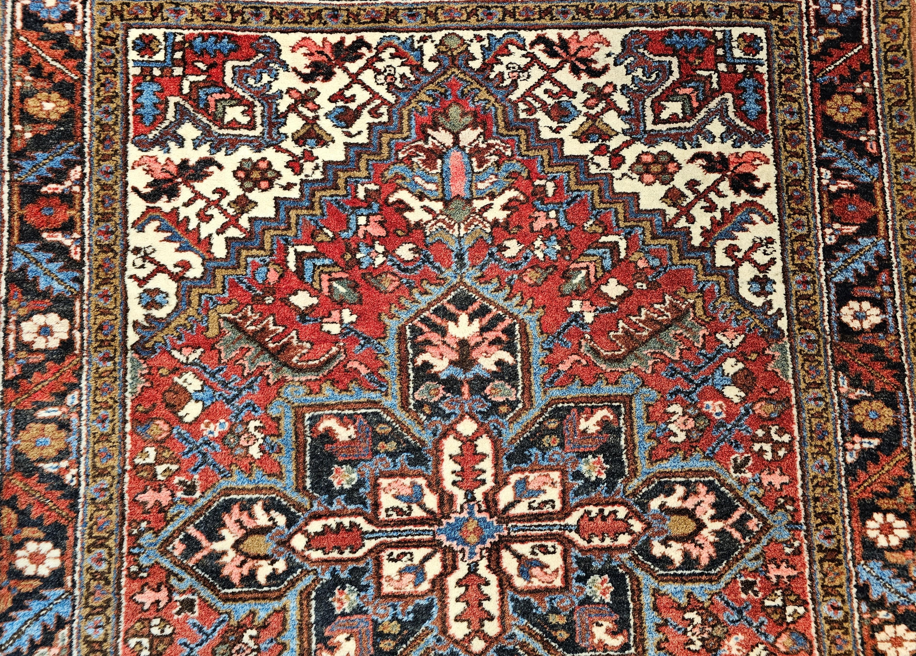 Hand-Knotted Vintage Persian Heriz in Red, Ivory, Navy, French Blue, Green, Brown For Sale