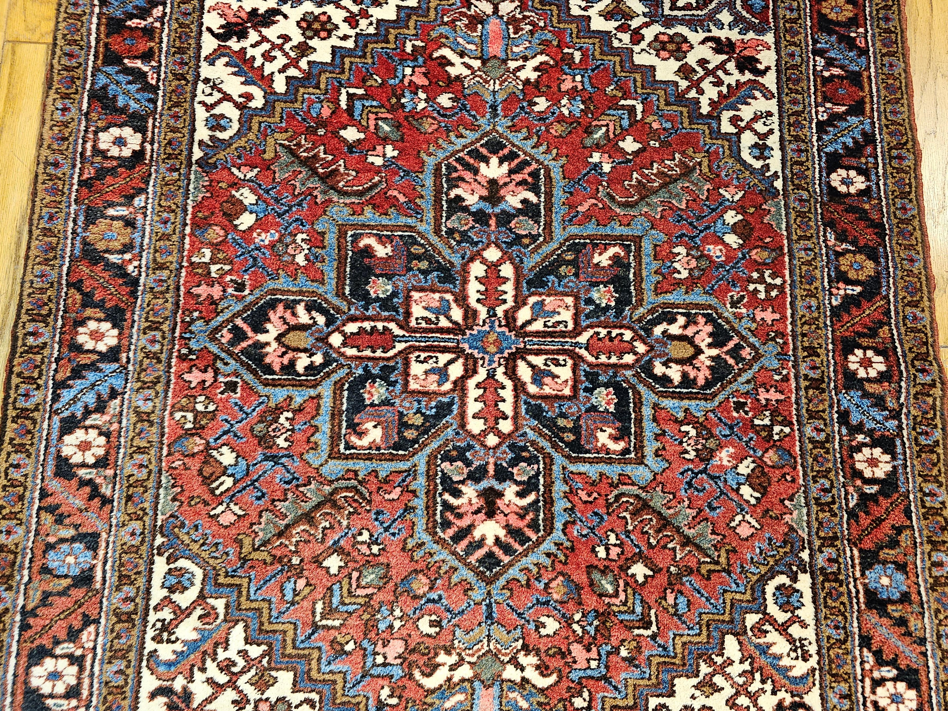 Vintage Persian Heriz in Red, Ivory, Navy, French Blue, Green, Brown In Good Condition For Sale In Barrington, IL