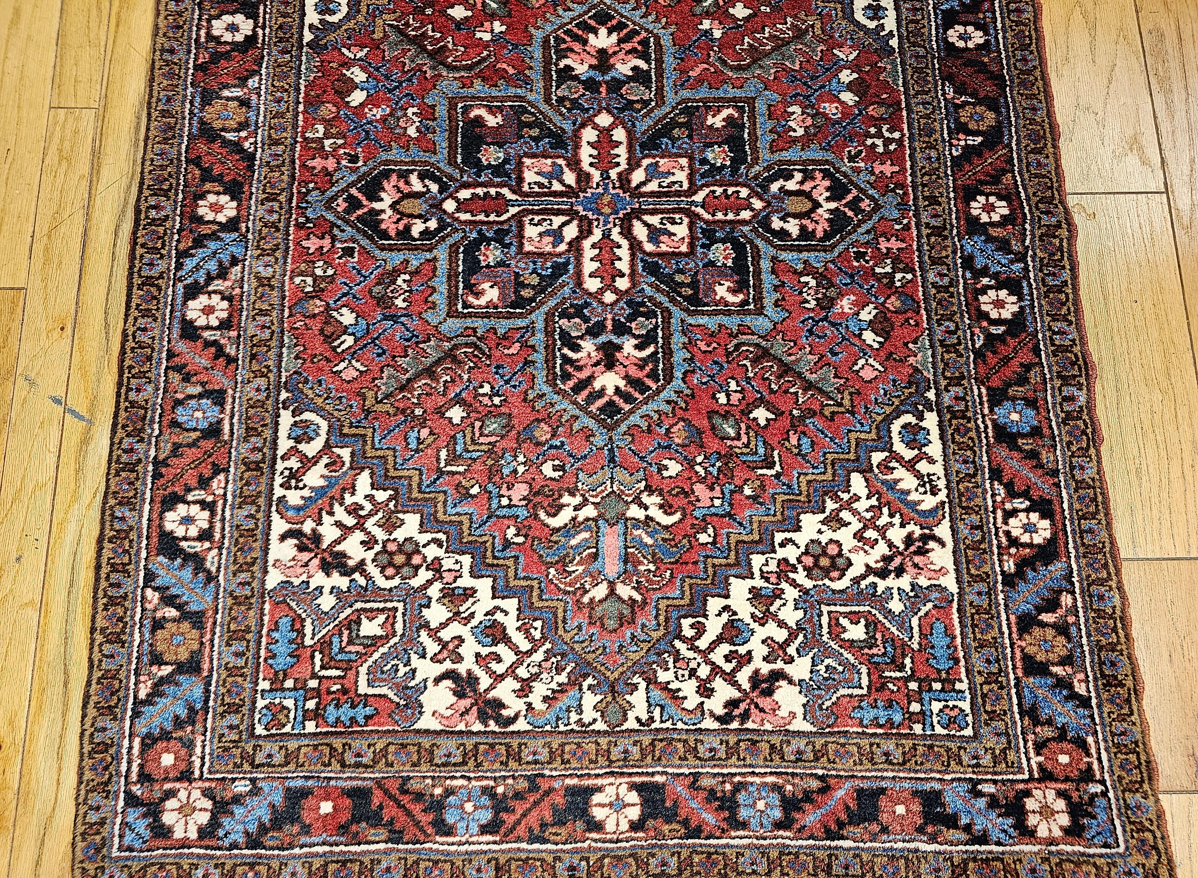 20th Century Vintage Persian Heriz in Red, Ivory, Navy, French Blue, Green, Brown For Sale