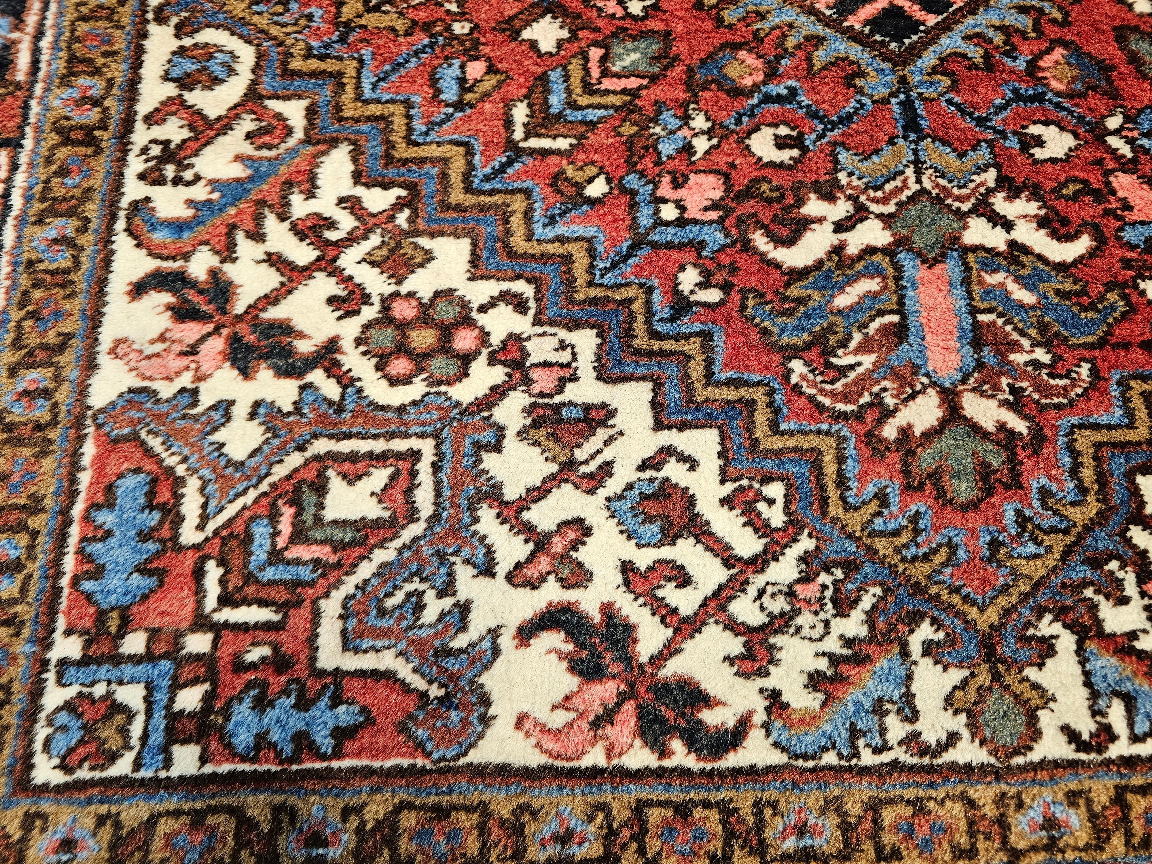 Vintage Persian Heriz in Red, Ivory, Navy, French Blue, Green, Brown For Sale 1