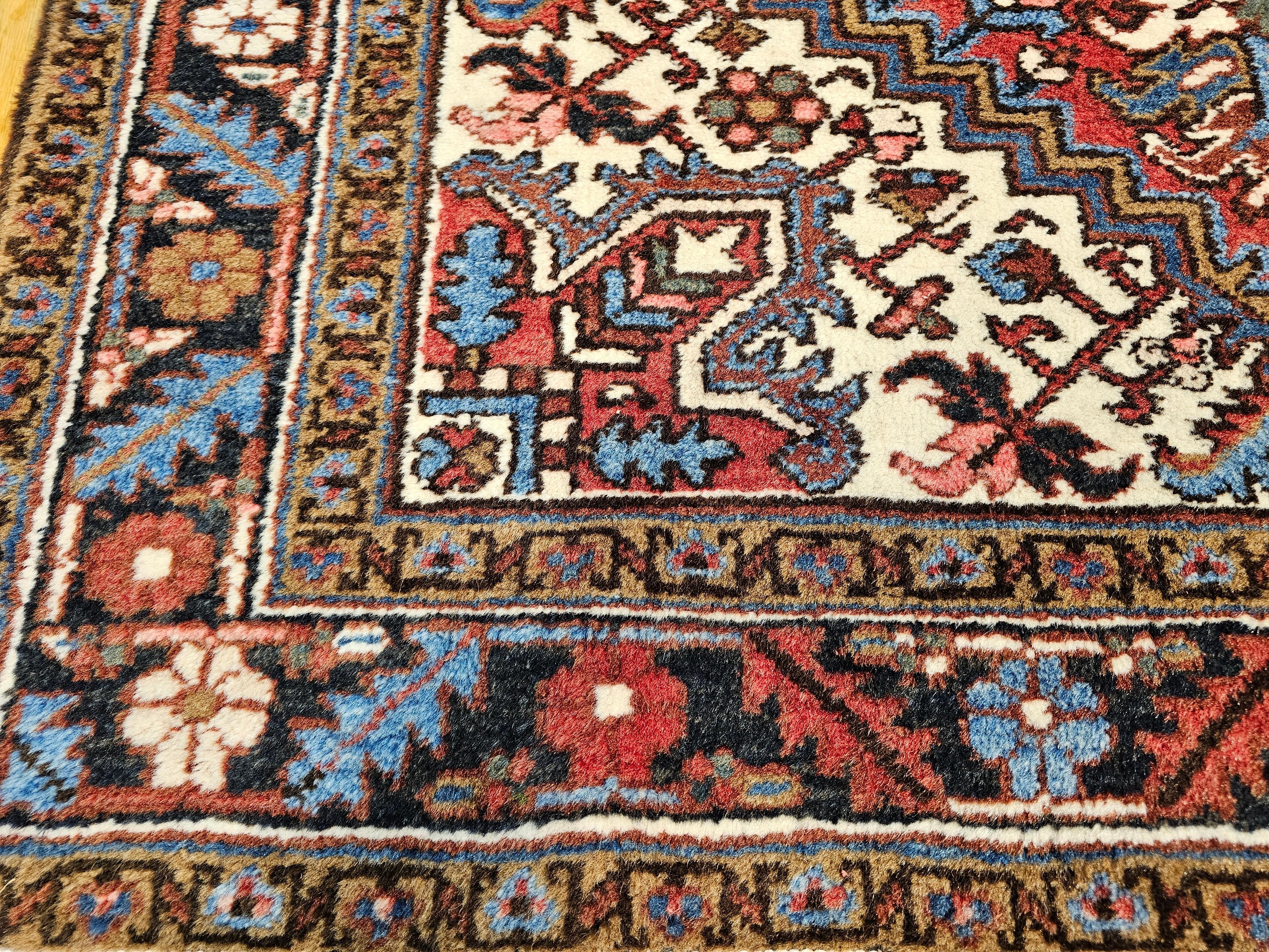 Vintage Persian Heriz in Red, Ivory, Navy, French Blue, Green, Brown For Sale 2