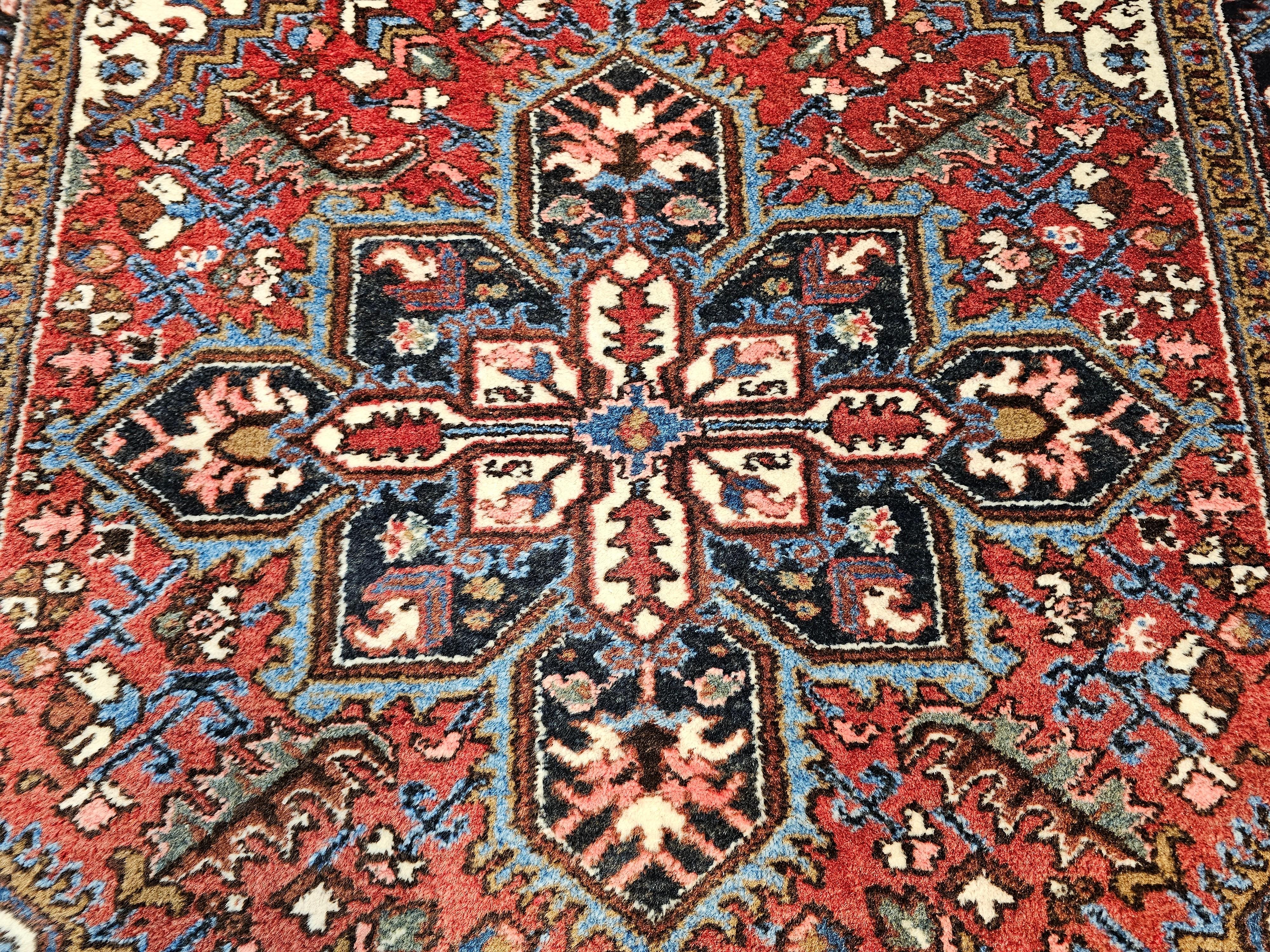 Vintage Persian Heriz in Red, Ivory, Navy, French Blue, Green, Brown For Sale 3