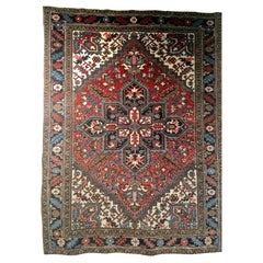 Vintage Persian Heriz Area Rug in Red, Ivory, Navy, French Blue, Green, Brown