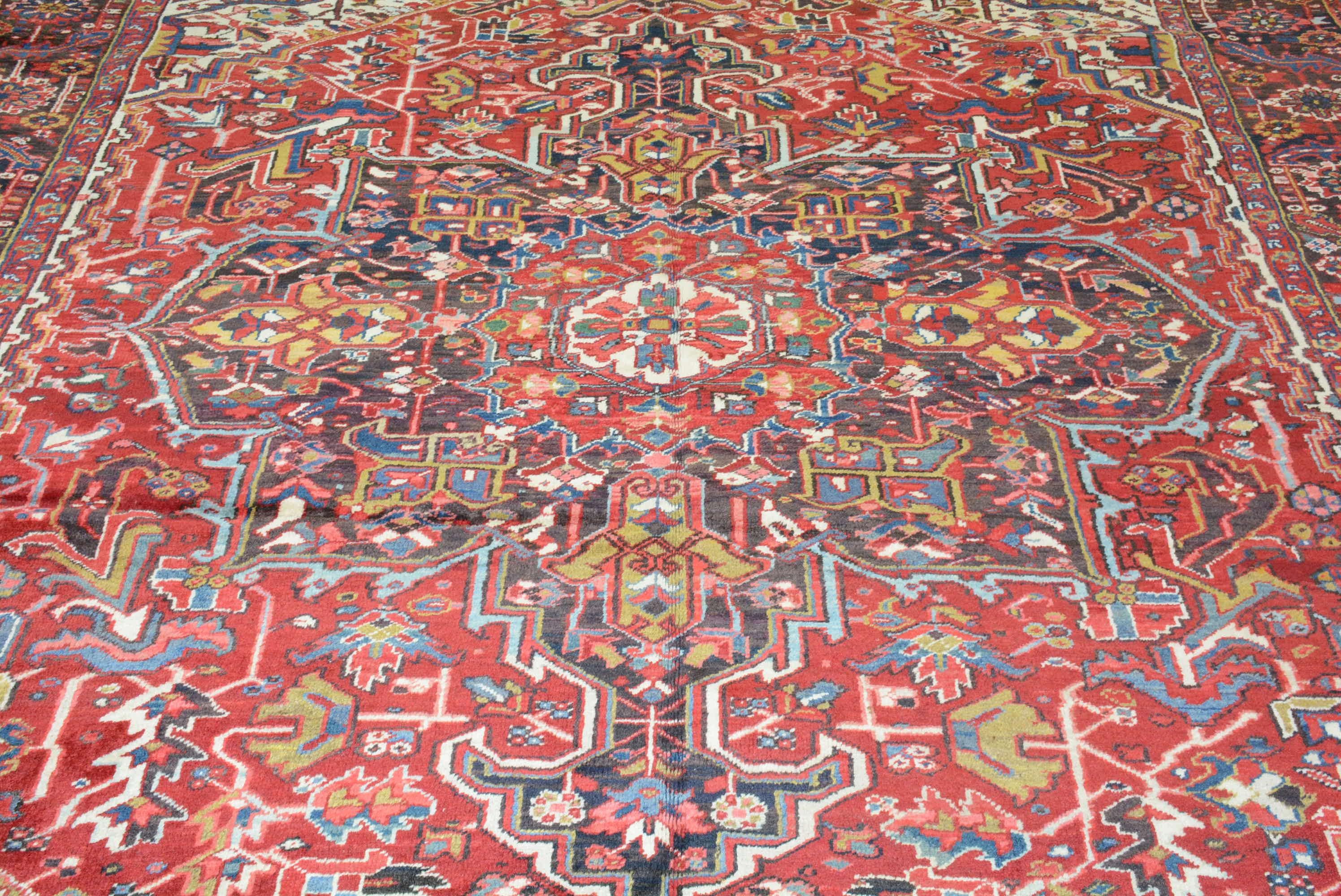 Heriz is a town in northwest Persia (Iran) that has been producing carpets since the 19th century. It is located on Mt. Sabalan, a major source of copper, whose summit is 15,784 feet. The grade of wool used in these carpets is amongst the best, a