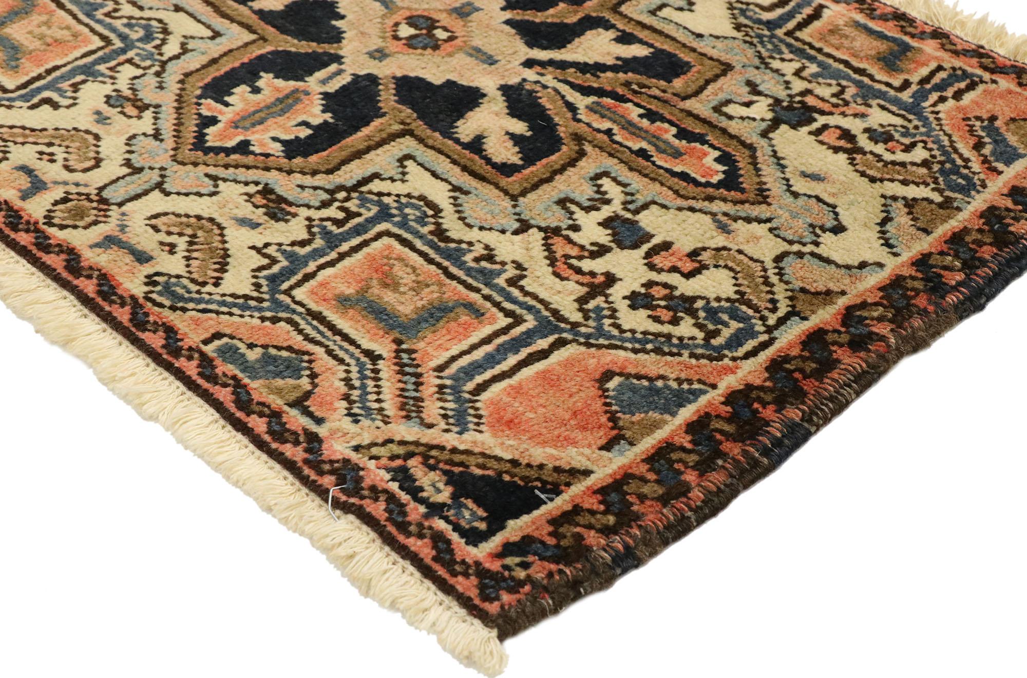 75805 Vintage Persian Heriz Rug, 01'08 x 02'04. Immerse yourself in the enchanting artistry of this hand-knotted wool vintage Persian Heriz rug, a piece that seamlessly weaves together tradition and timeless beauty. This captivating rug features a