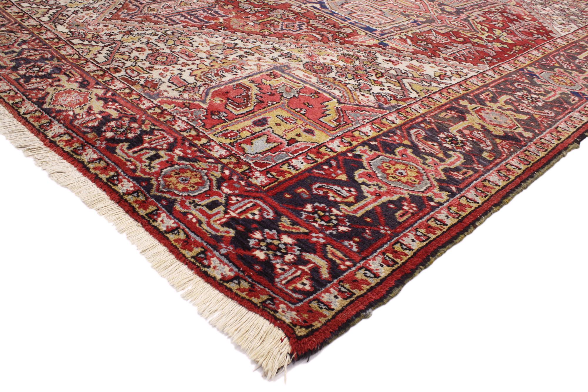 76907 Vintage Persian Heriz Rug, 08'06 x 10'06. In the heart of this hand-knotted wool vintage Persian Heriz rug lies a story of timeless allure and refined craftsmanship, where every thread weaves a tale of beauty and sophistication. Embodying both