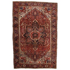 Vintage Persian Heriz Carpet, Handmade Wool Oriental Rug, Rust, Navy and Green