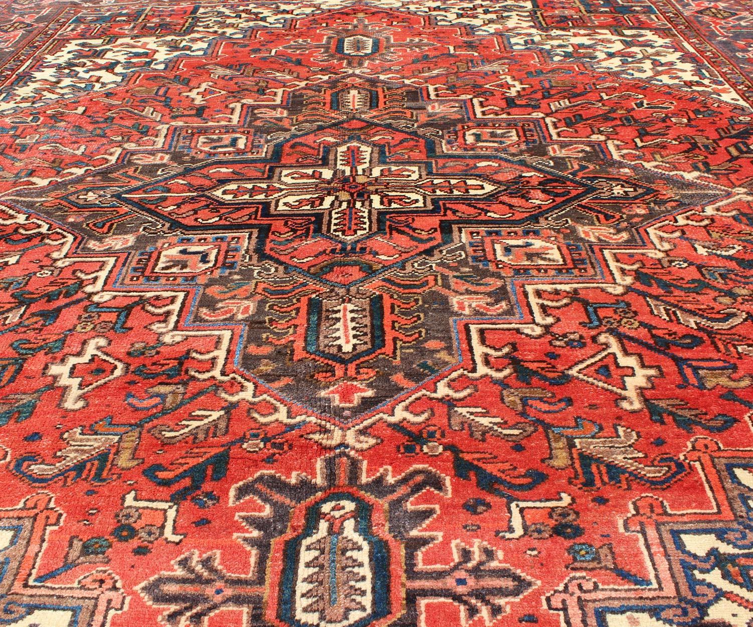 Vintage Persian Heriz Carpet with Geometric Medallion in Rust and Denim Blue 3