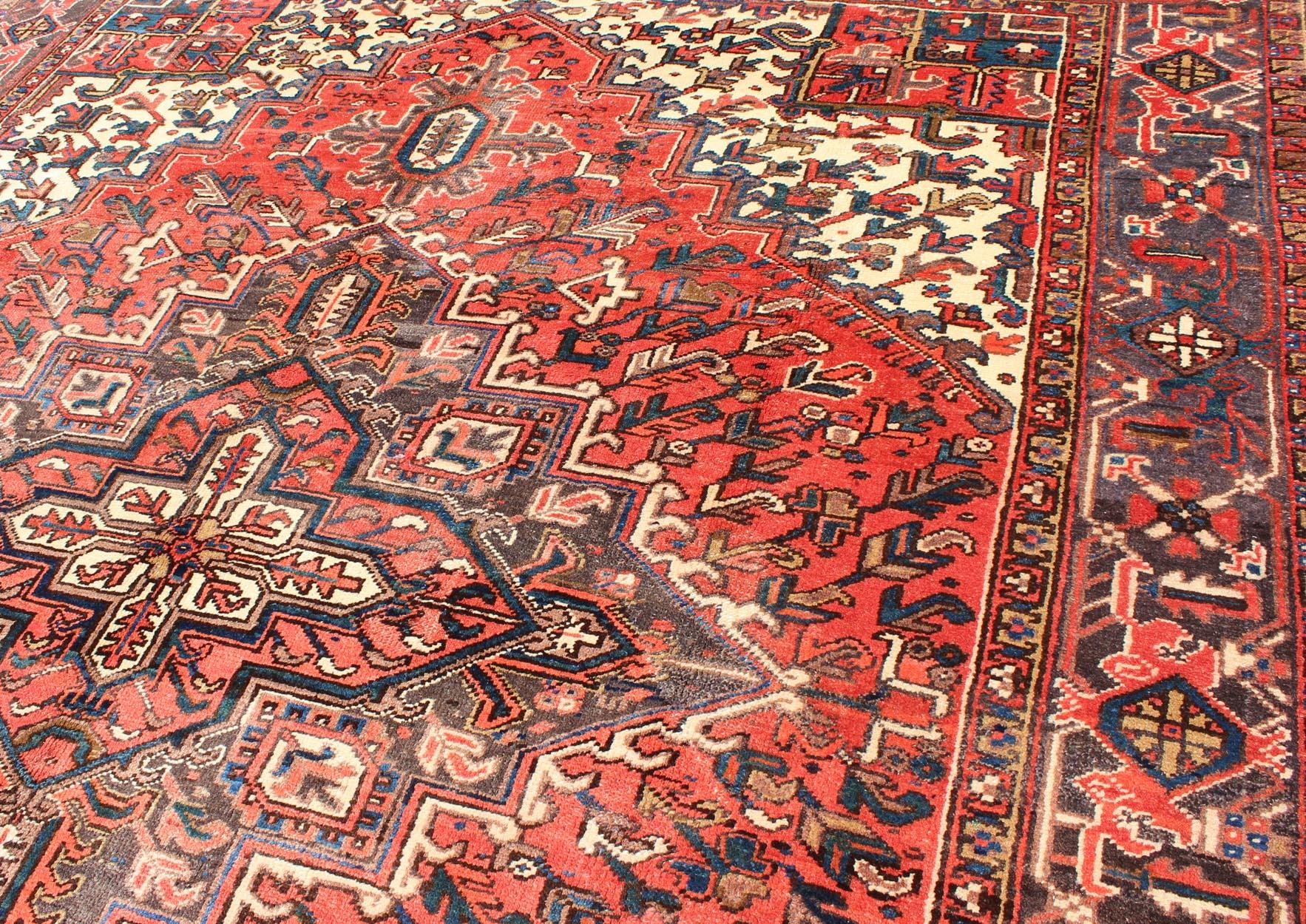Vintage Persian Heriz Carpet with Geometric Medallion in Rust and Denim Blue 4