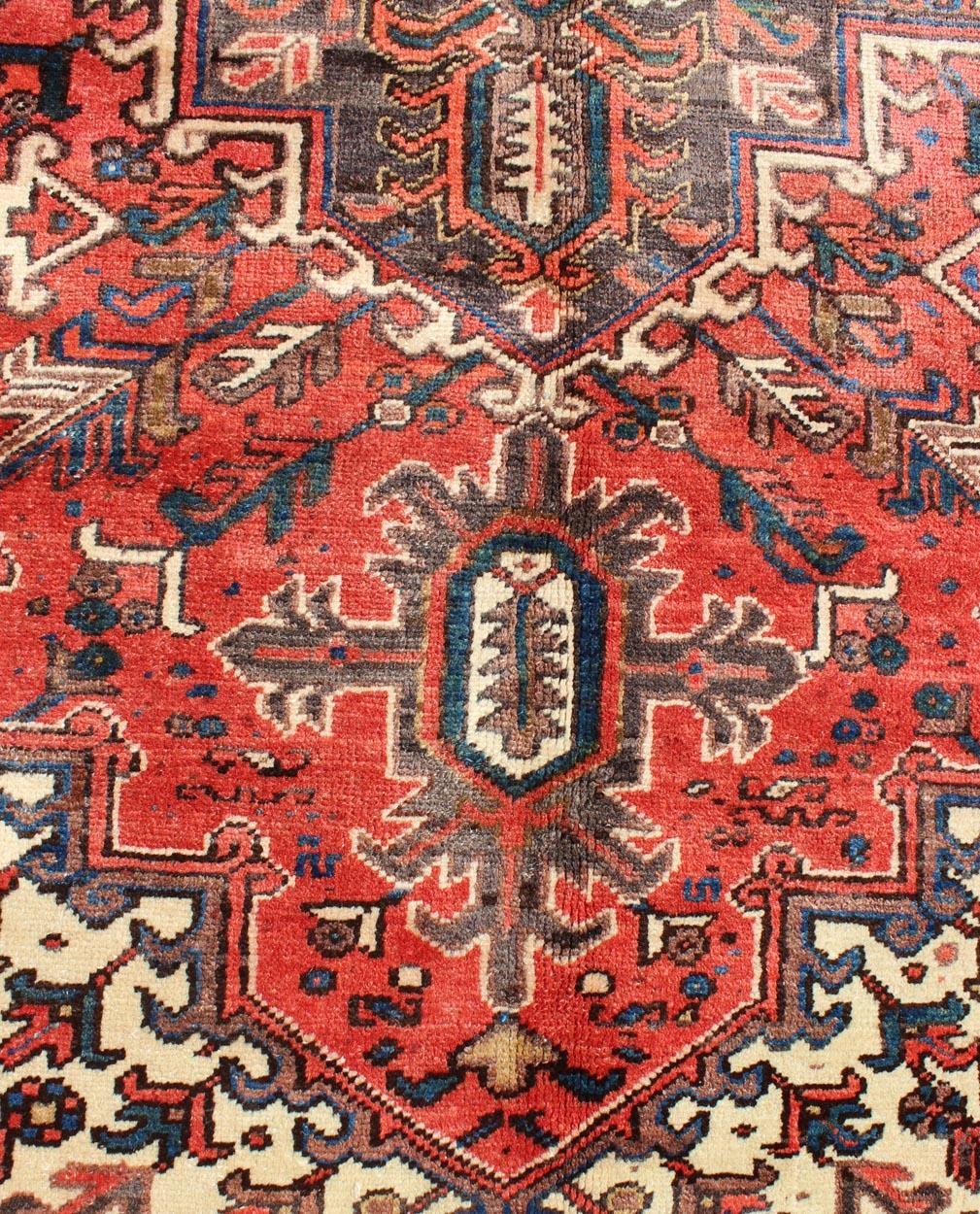 Vintage Persian Heriz Carpet with Geometric Medallion in Rust and Denim Blue 5