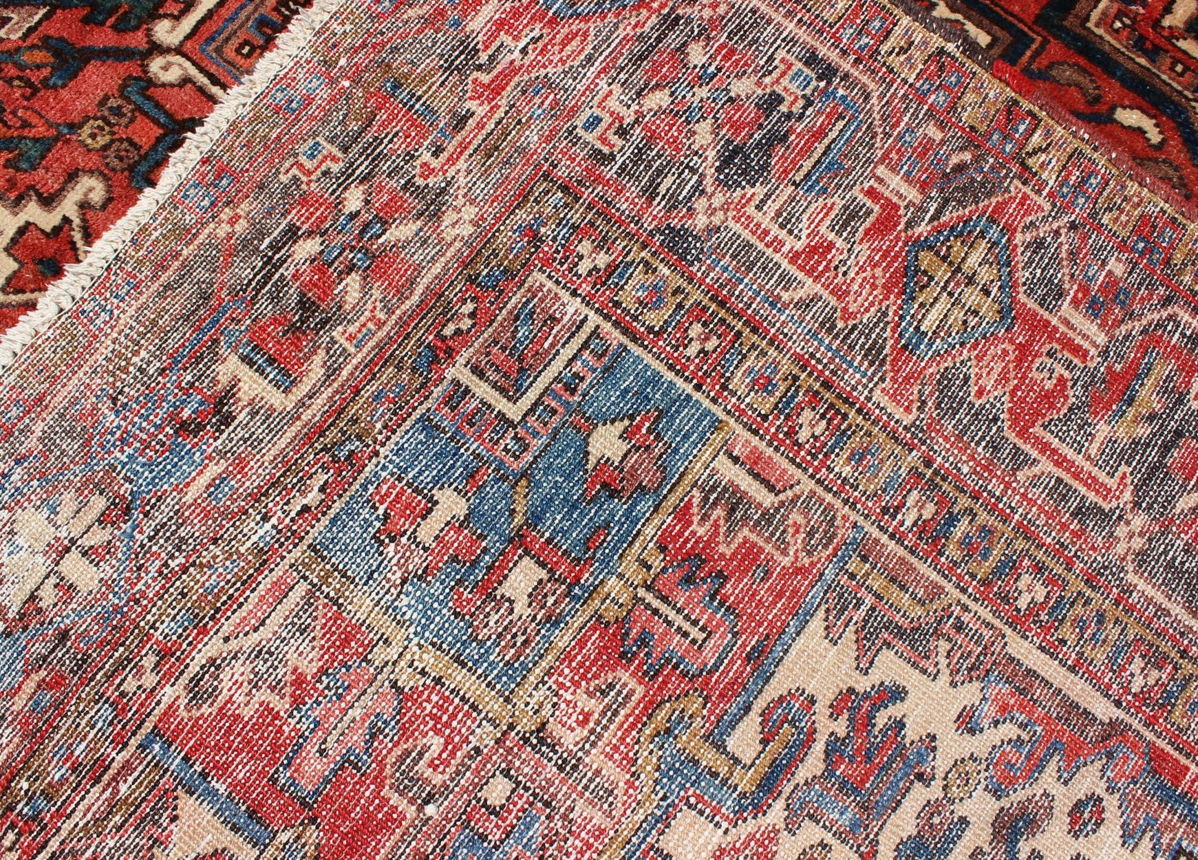 Vintage Persian Heriz Carpet with Geometric Medallion in Rust and Denim Blue 6