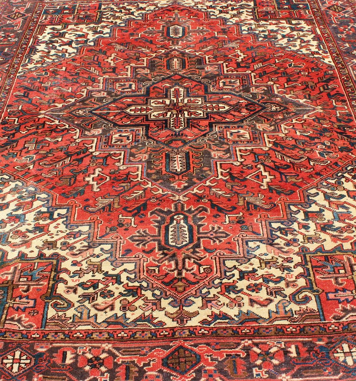 20th Century Vintage Persian Heriz Carpet with Geometric Medallion in Rust and Denim Blue