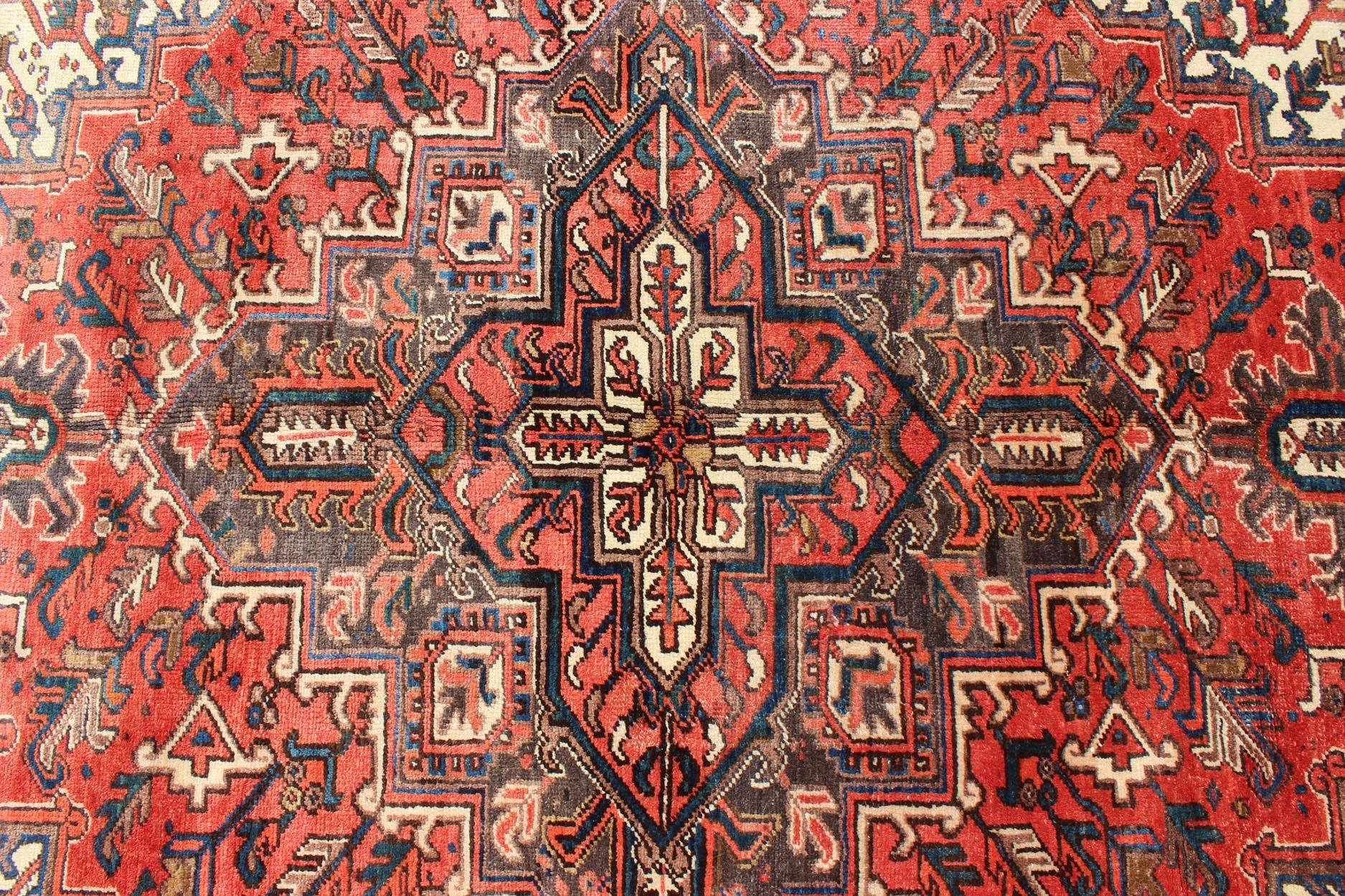 Wool Vintage Persian Heriz Carpet with Geometric Medallion in Rust and Denim Blue