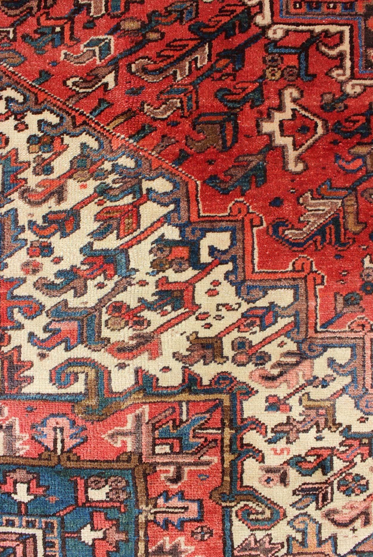 Vintage Persian Heriz Carpet with Geometric Medallion in Rust and Denim Blue 1