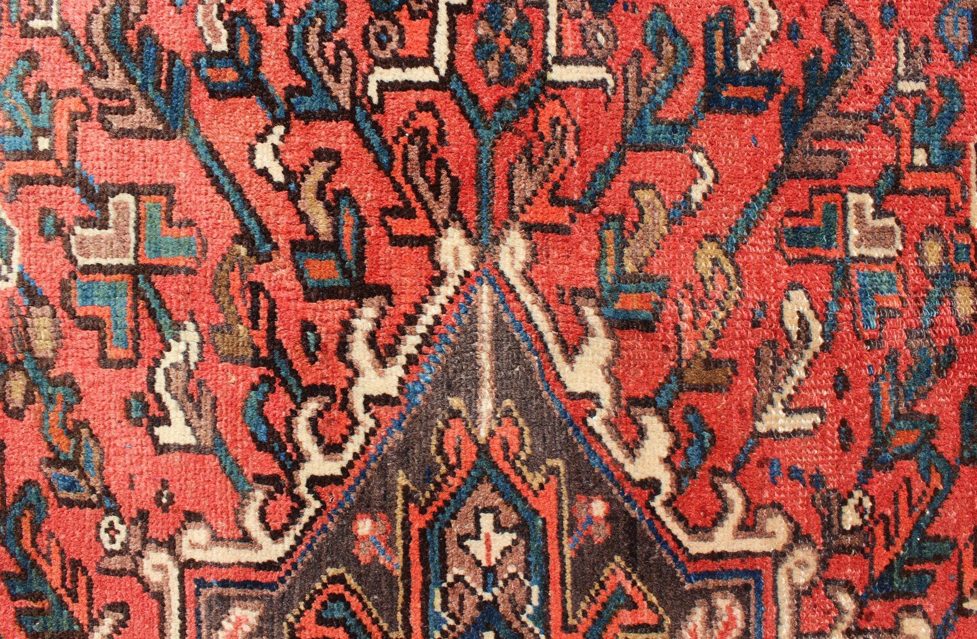 Vintage Persian Heriz Carpet with Geometric Medallion in Rust and Denim Blue 2