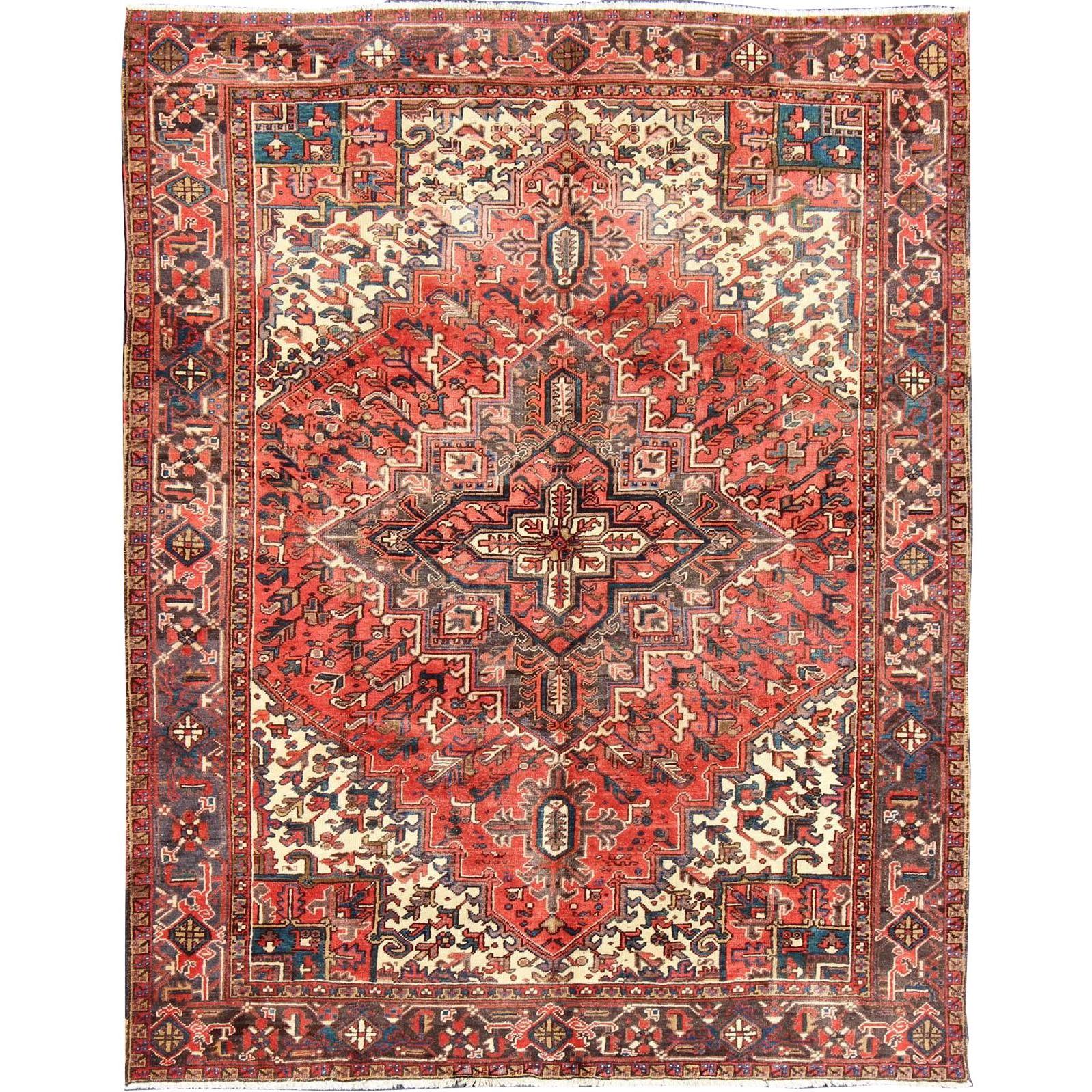 Vintage Persian Heriz Carpet with Geometric Medallion in Rust and Denim Blue